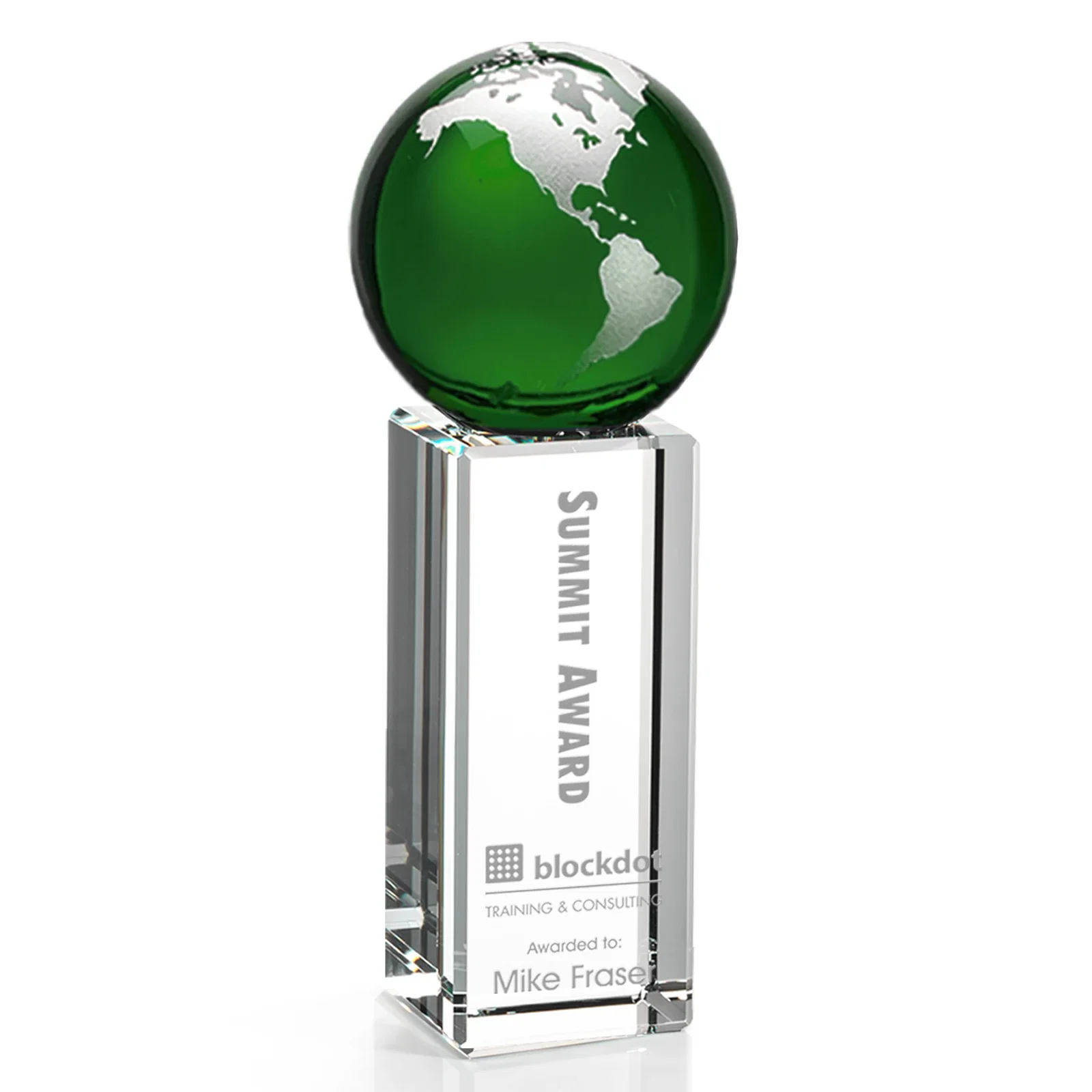 Promotional Blue Optical Crystal Globe Award on Crystal Pillar for employee recognition