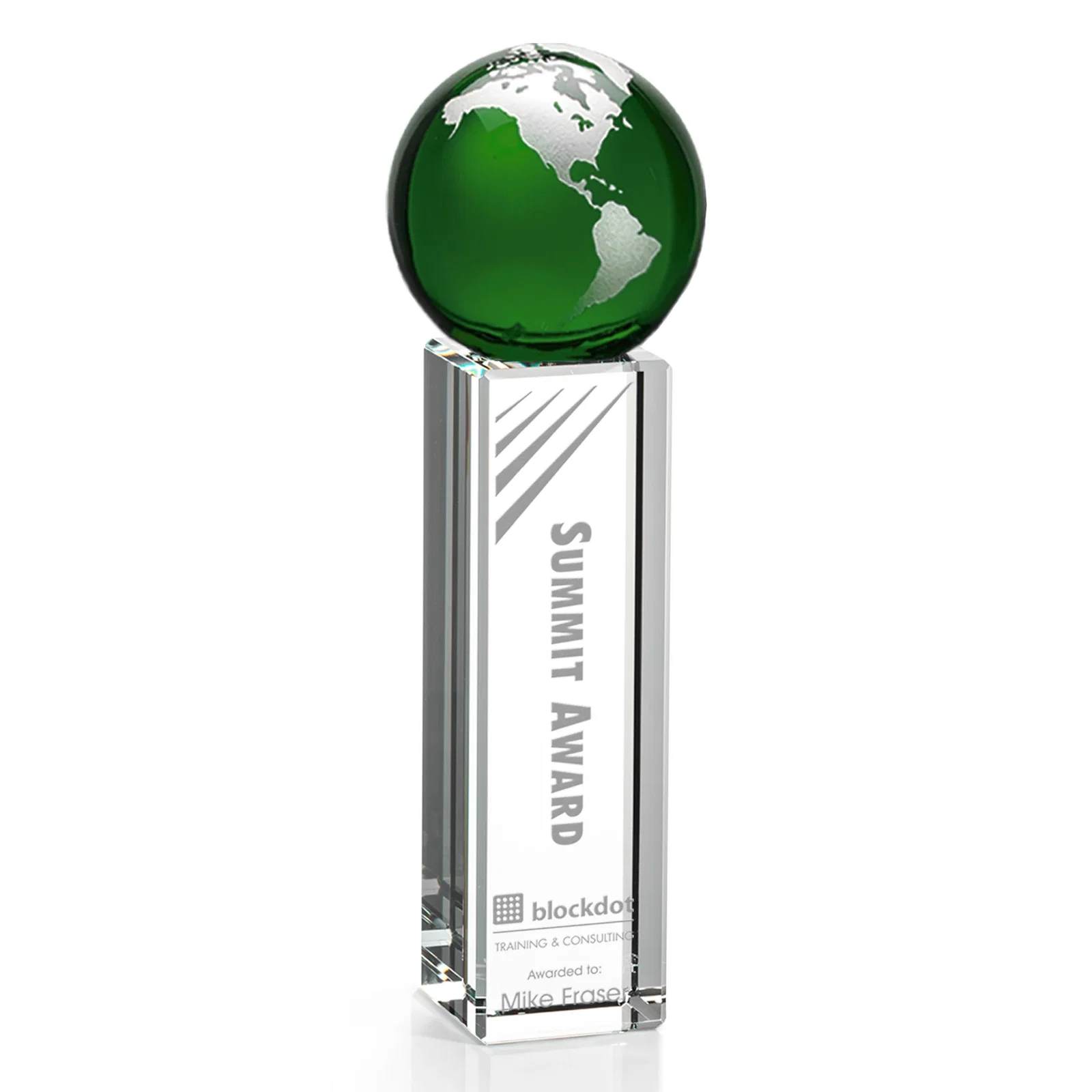 Promotional Blue Optical Crystal Globe Award on Crystal Pillar for corporate award ceremonies