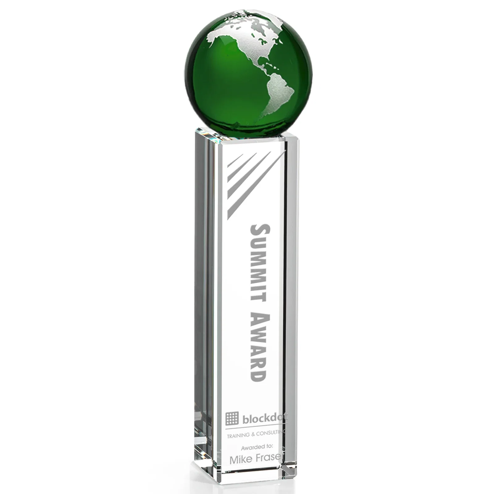 Promotional Blue Optical Crystal Globe Award on Crystal Pillar for service anniversary gifts