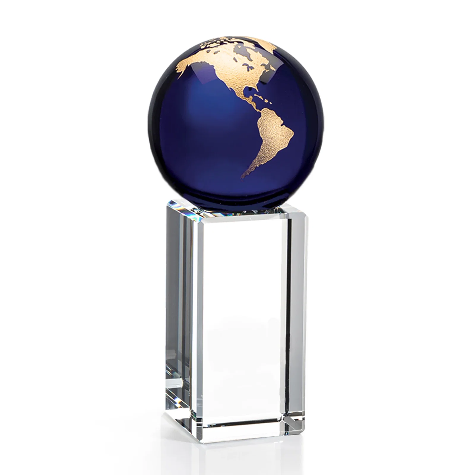 Promotional Blue Optical Crystal Globe Award on Crystal Pillar for sales achievement awards