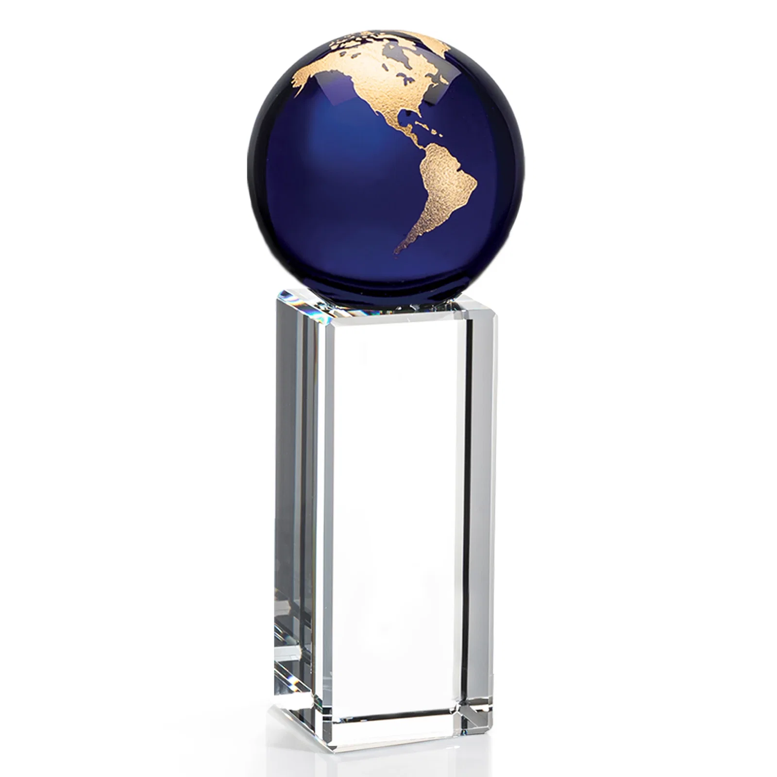 Promotional Blue Optical Crystal Globe Award on Crystal Pillar for retirement presentations