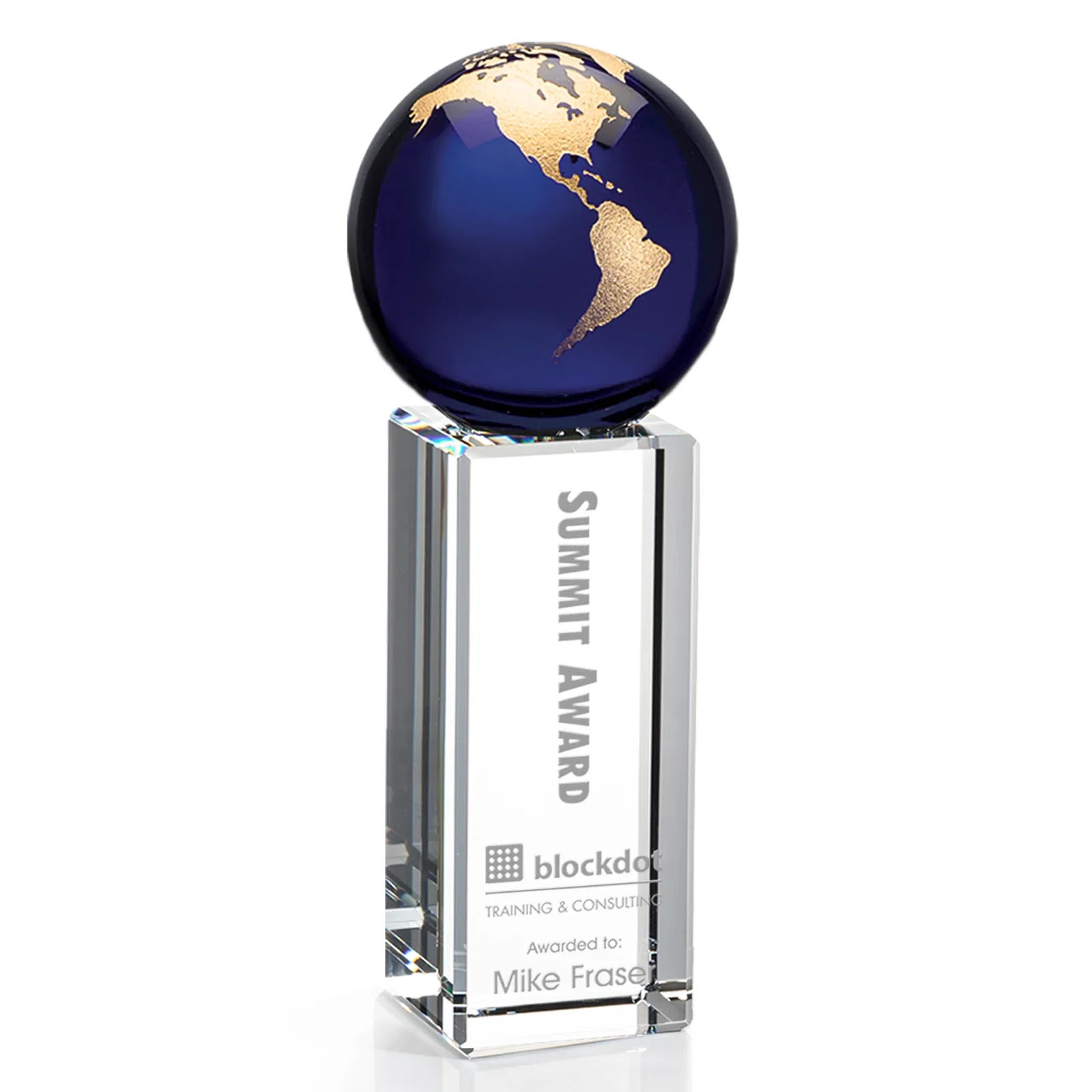 Custom Blue Optical Crystal Globe Award on Crystal Pillar for service anniversary gifts