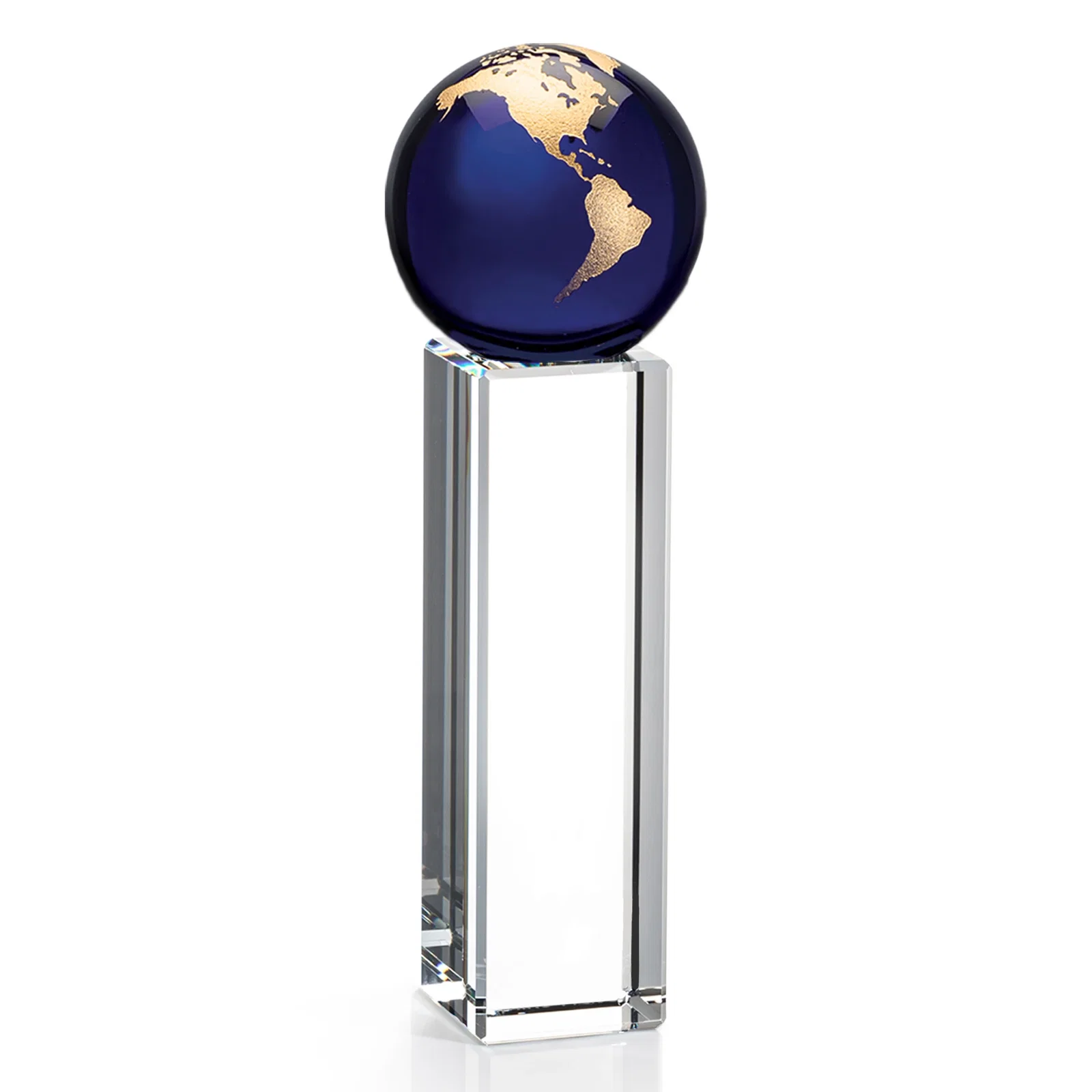 Promotional Blue Optical Crystal Globe Award on Crystal Pillar for team milestone celebrations