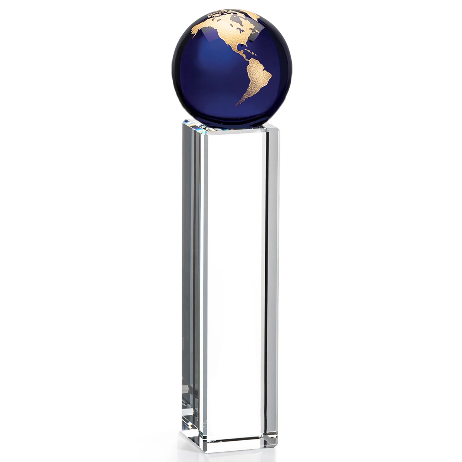 Promotional Blue Optical Crystal Globe Award on Crystal Pillar for donor appreciation
