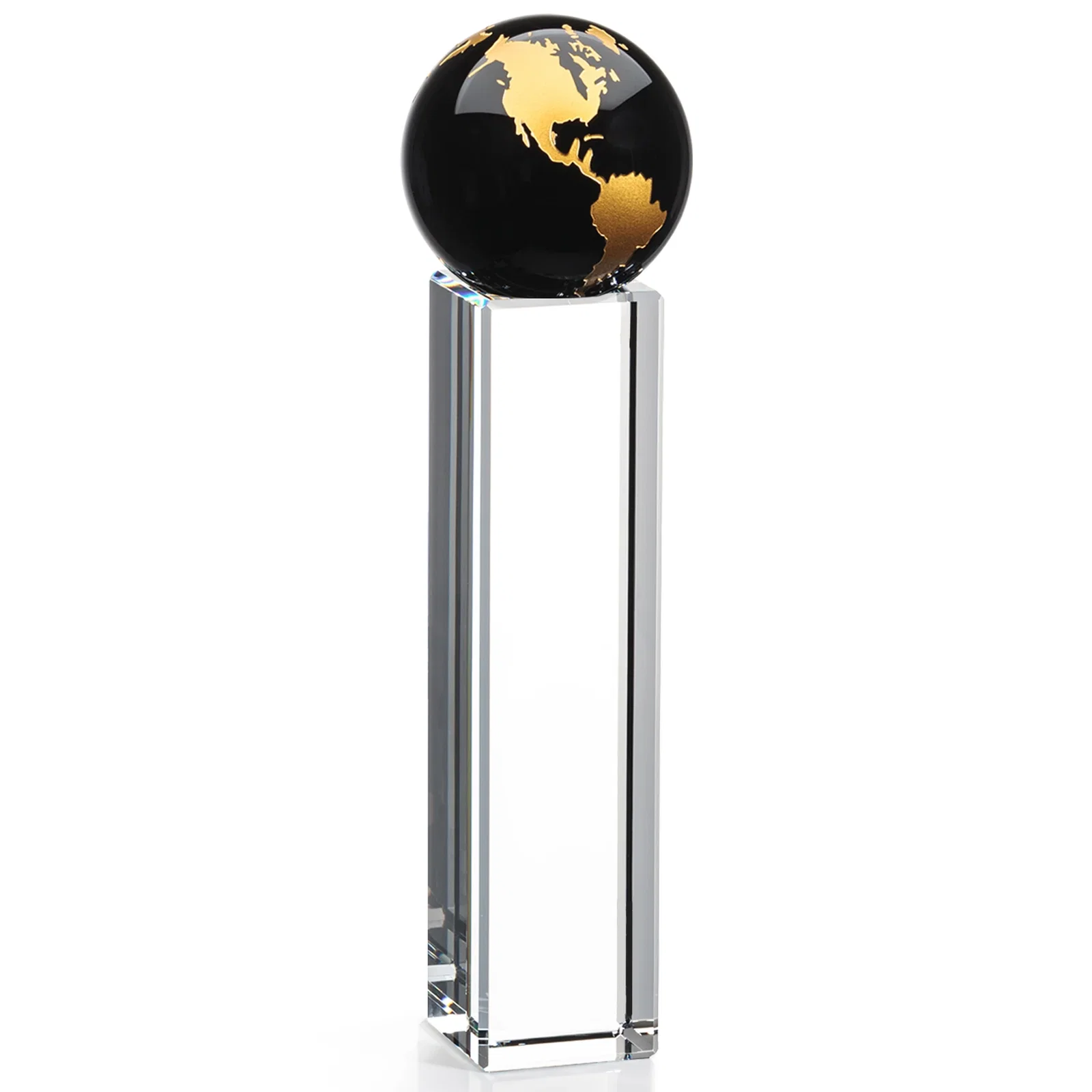 Promotional Blue Optical Crystal Globe Award on Crystal Pillar for dealer and partner awards