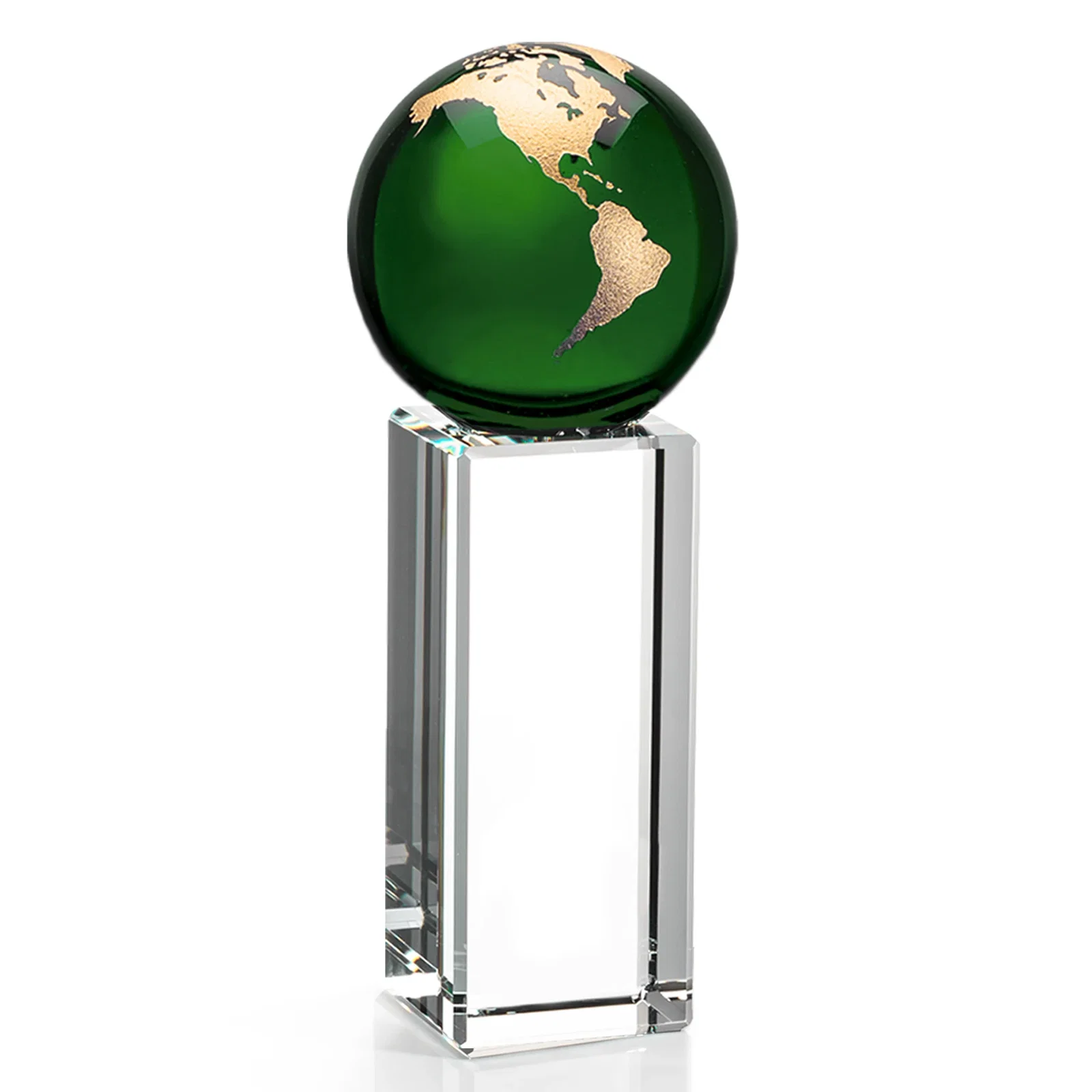 Branded Blue Optical Crystal Globe Award on Crystal Pillar for employee recognition