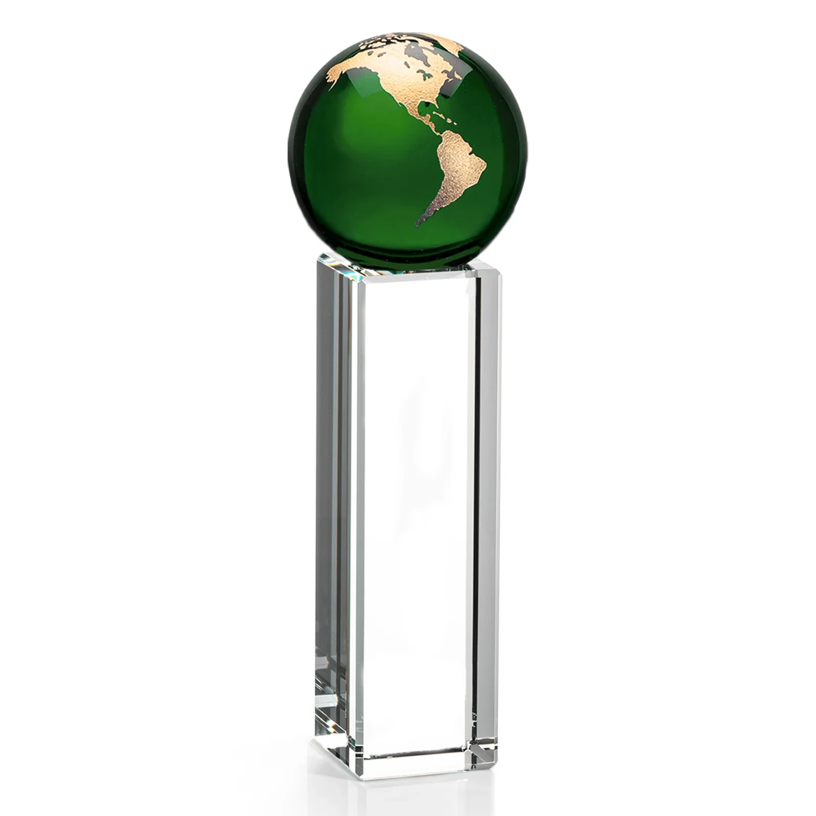 Branded Blue Optical Crystal Globe Award on Crystal Pillar for corporate award ceremonies