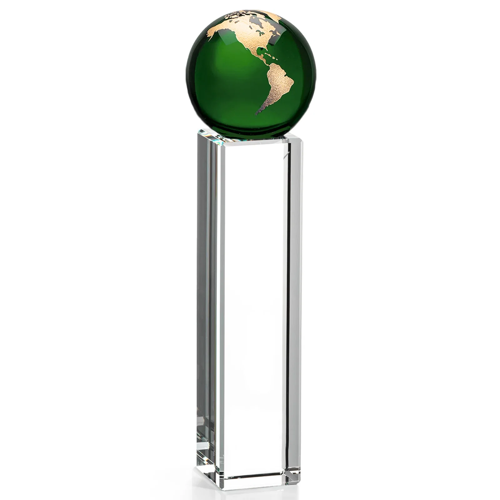 Branded Blue Optical Crystal Globe Award on Crystal Pillar for service anniversary gifts