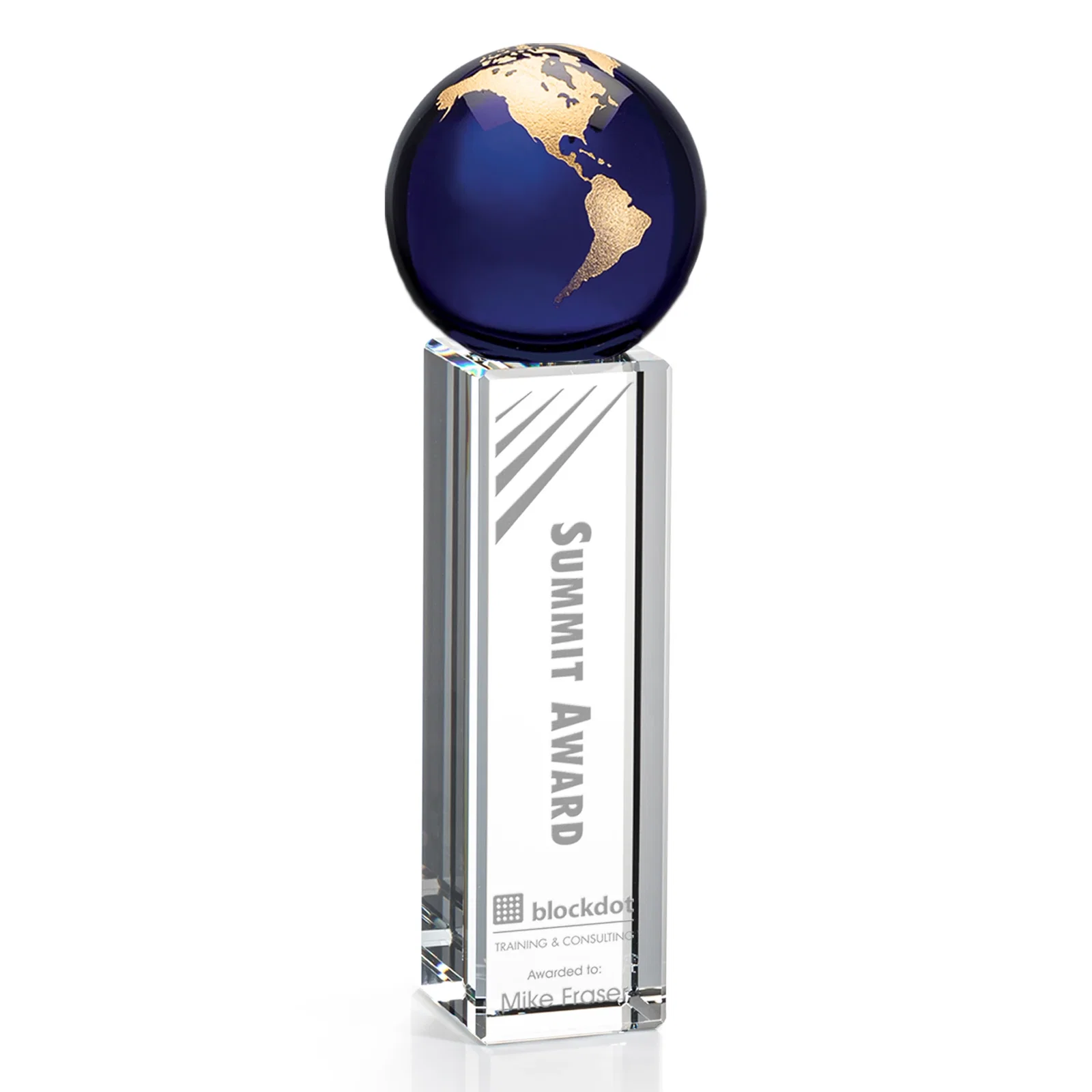 Custom Blue Optical Crystal Globe Award on Crystal Pillar for sales achievement awards