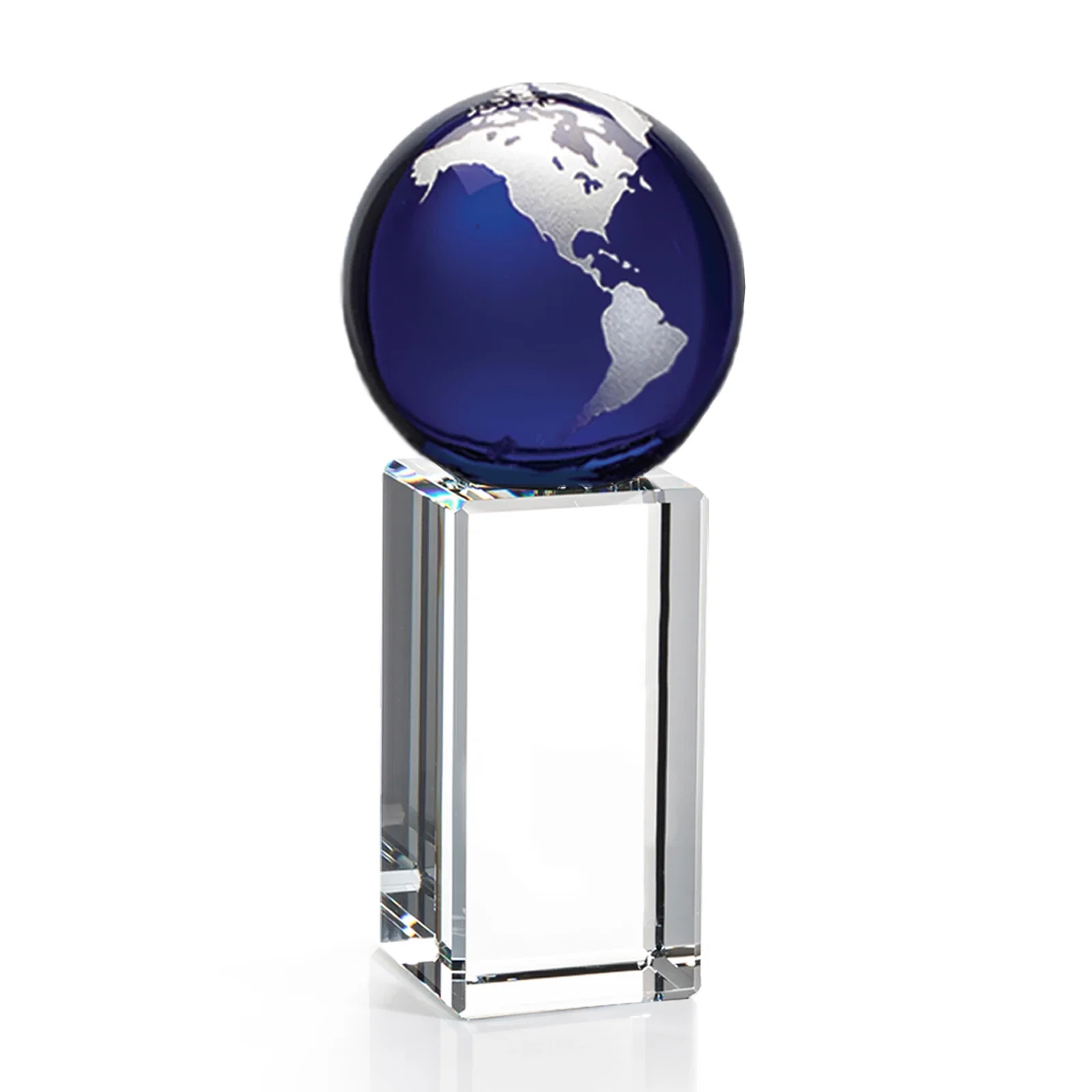 Branded Blue Optical Crystal Globe Award on Crystal Pillar for sales achievement awards