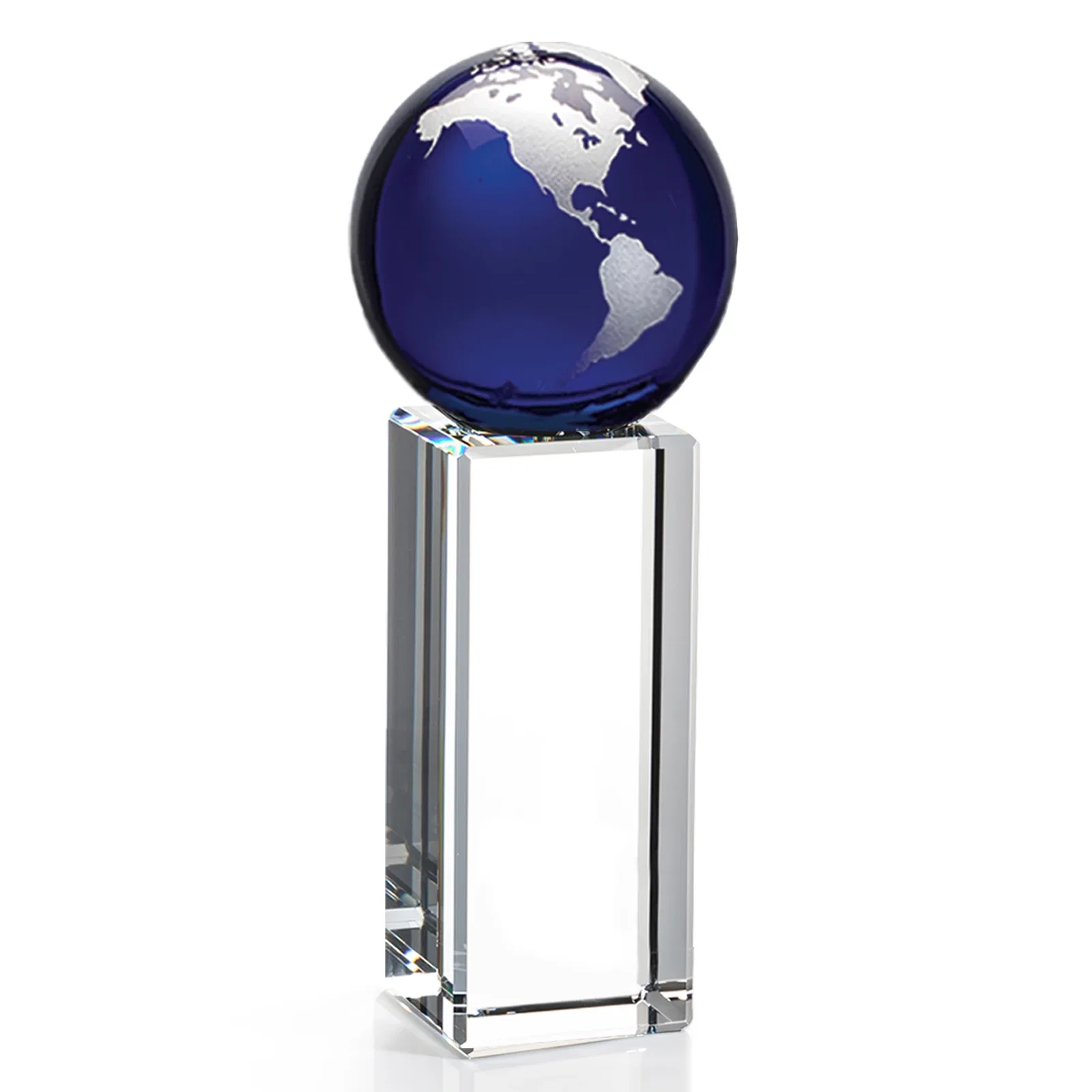 Branded Blue Optical Crystal Globe Award on Crystal Pillar for retirement presentations