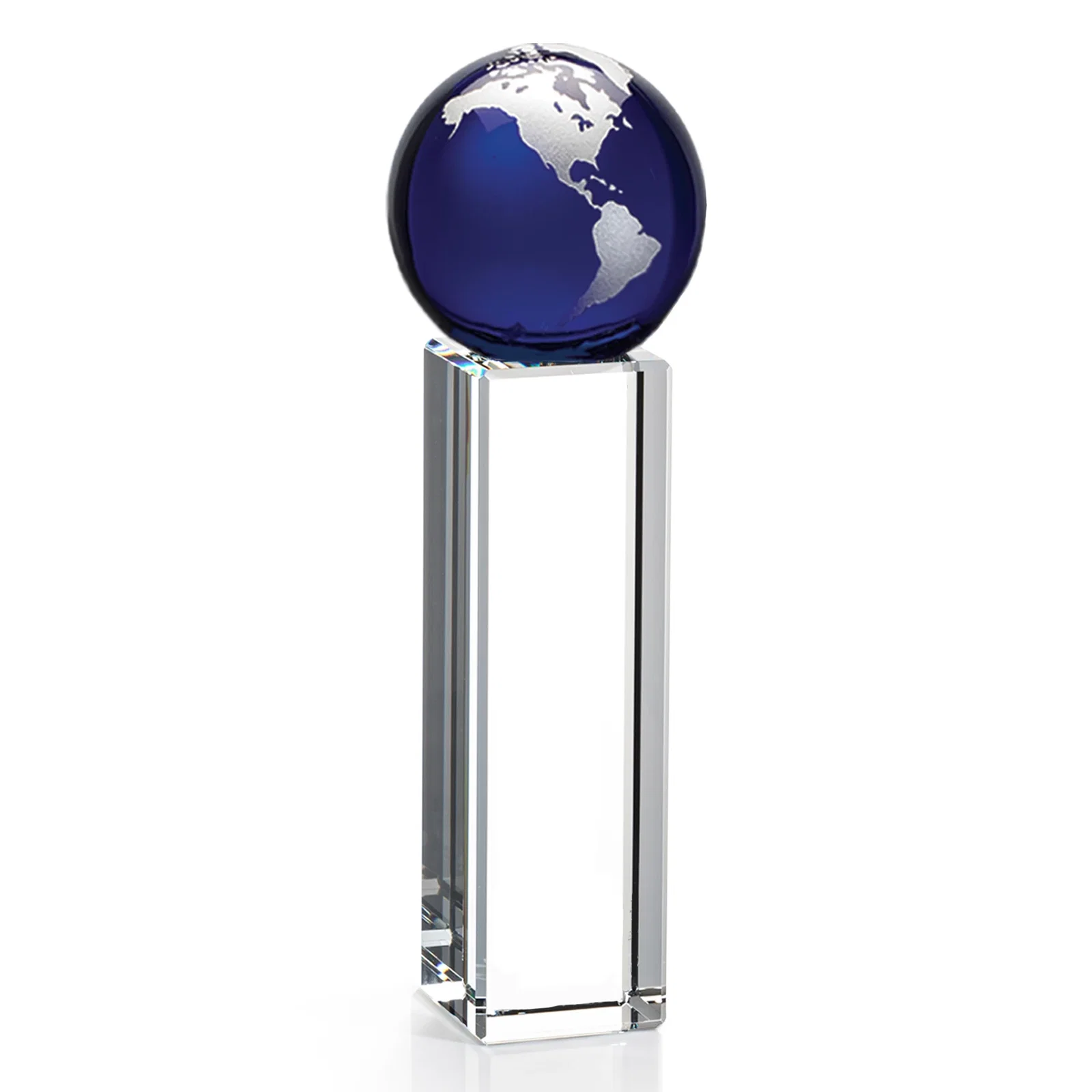 Branded Blue Optical Crystal Globe Award on Crystal Pillar for team milestone celebrations