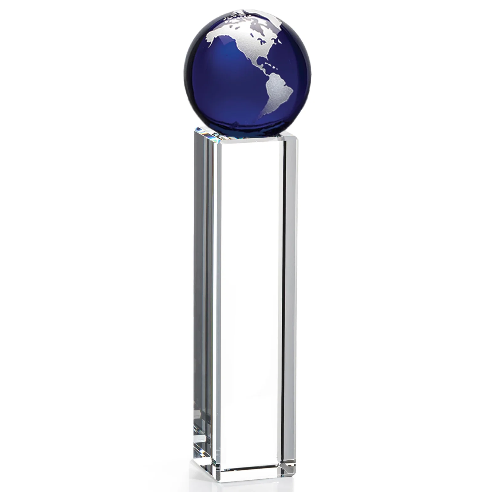 Branded Blue Optical Crystal Globe Award on Crystal Pillar for donor appreciation