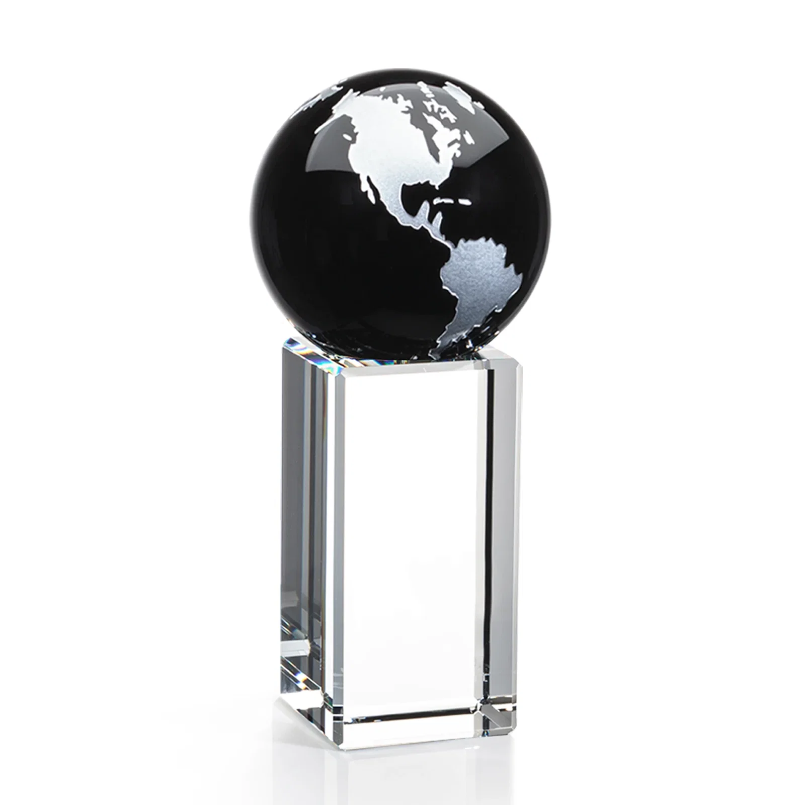 Branded Blue Optical Crystal Globe Award on Crystal Pillar for graduation ceremonies