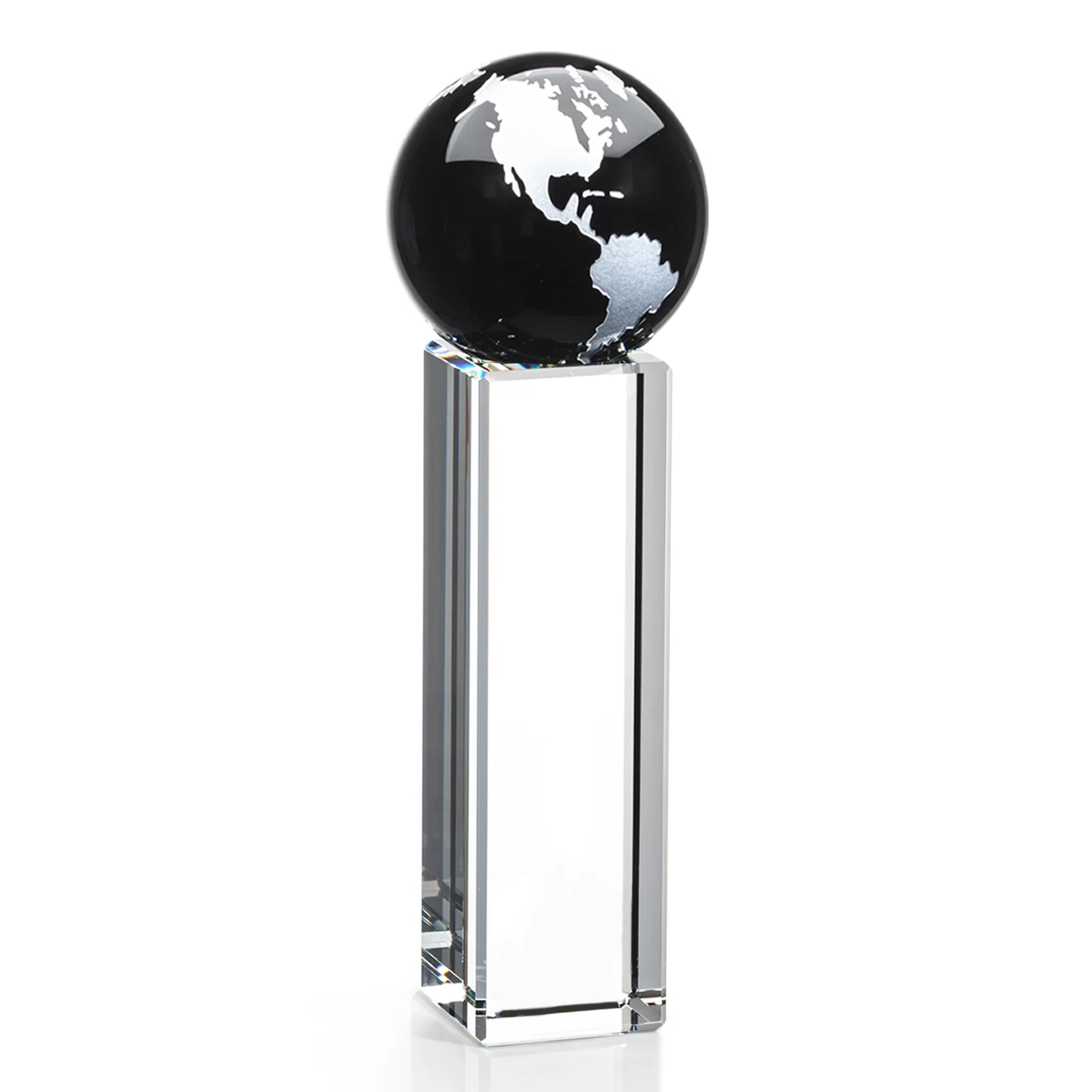 Branded Blue Optical Crystal Globe Award on Crystal Pillar for volunteer appreciation