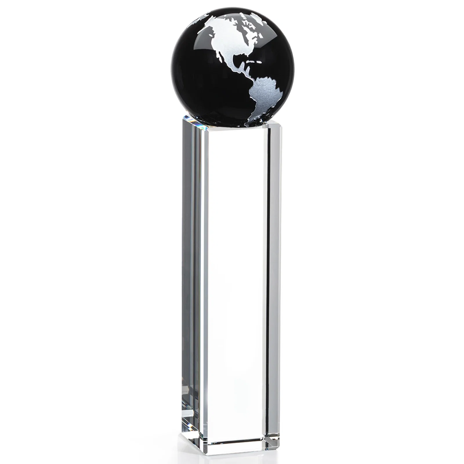 Branded Blue Optical Crystal Globe Award on Crystal Pillar for dealer and partner awards