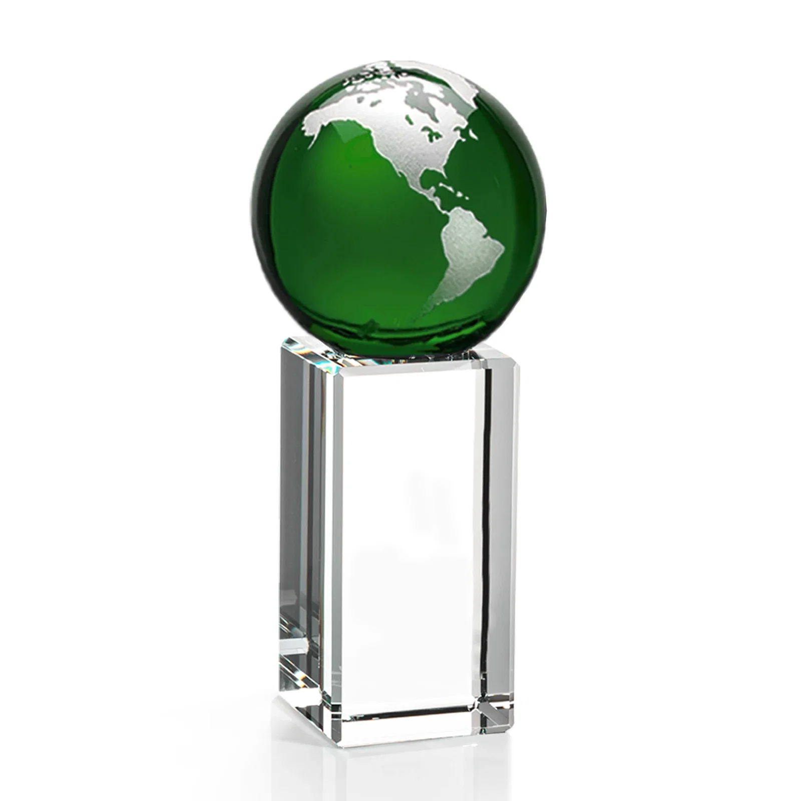 Branded Blue Optical Crystal Globe Award on Crystal Pillar for company anniversary events