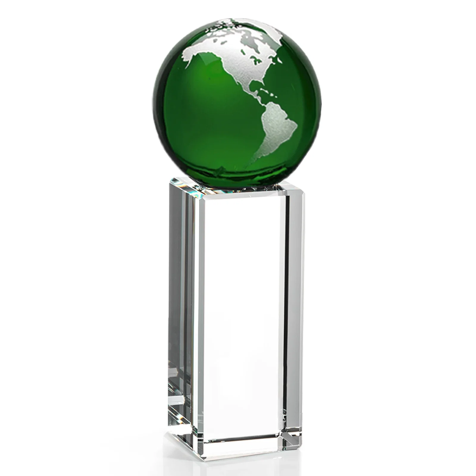 Custom printed Blue Optical Crystal Globe Award on Crystal Pillar for employee recognition