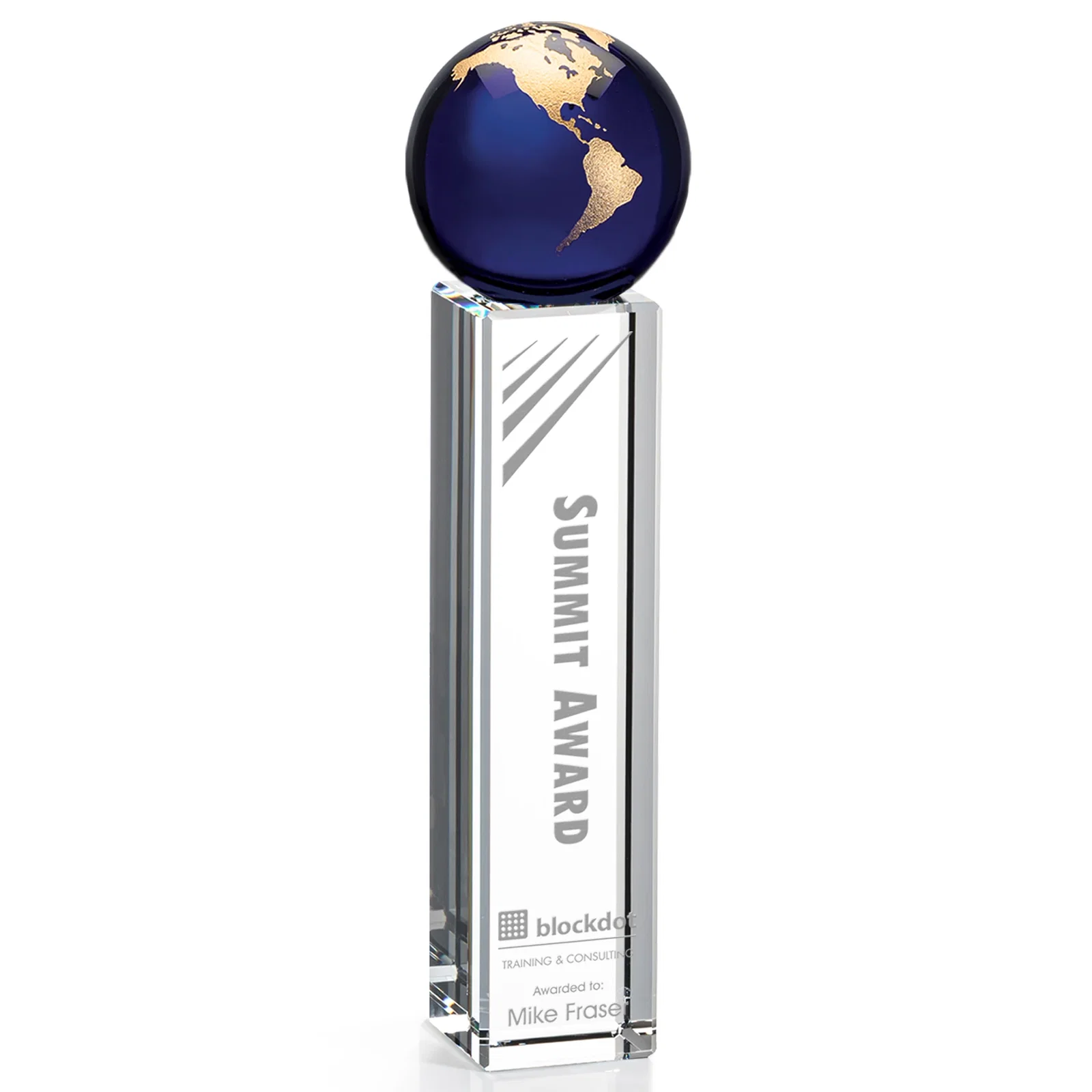 Custom Blue Optical Crystal Globe Award on Crystal Pillar for retirement presentations