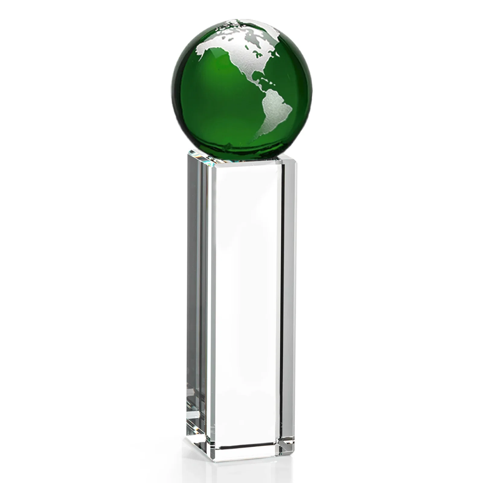 Custom printed Blue Optical Crystal Globe Award on Crystal Pillar for corporate award ceremonies
