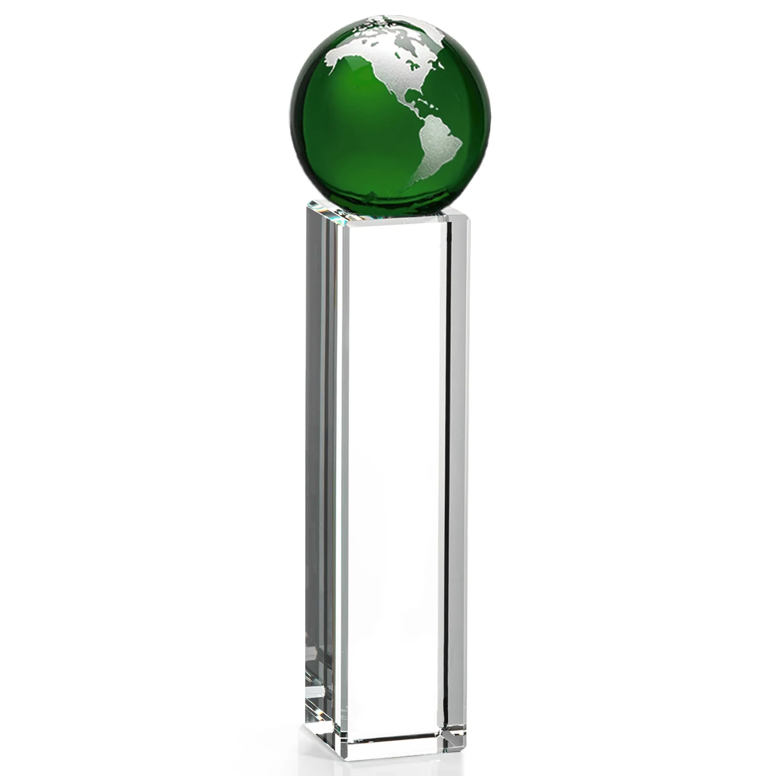 Custom printed Blue Optical Crystal Globe Award on Crystal Pillar for service anniversary gifts