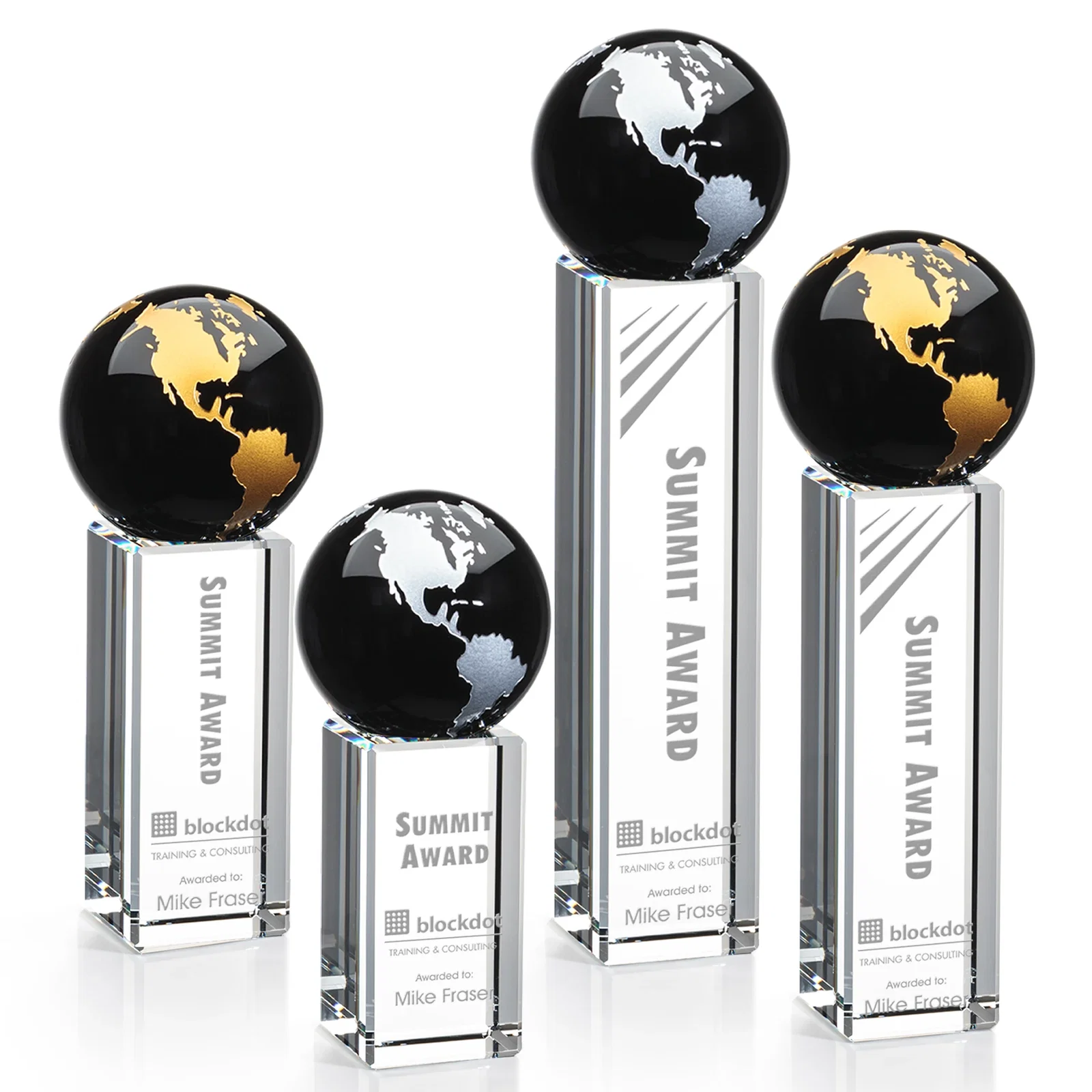 Custom Blue Optical Crystal Globe Award on Crystal Pillar for team milestone celebrations
