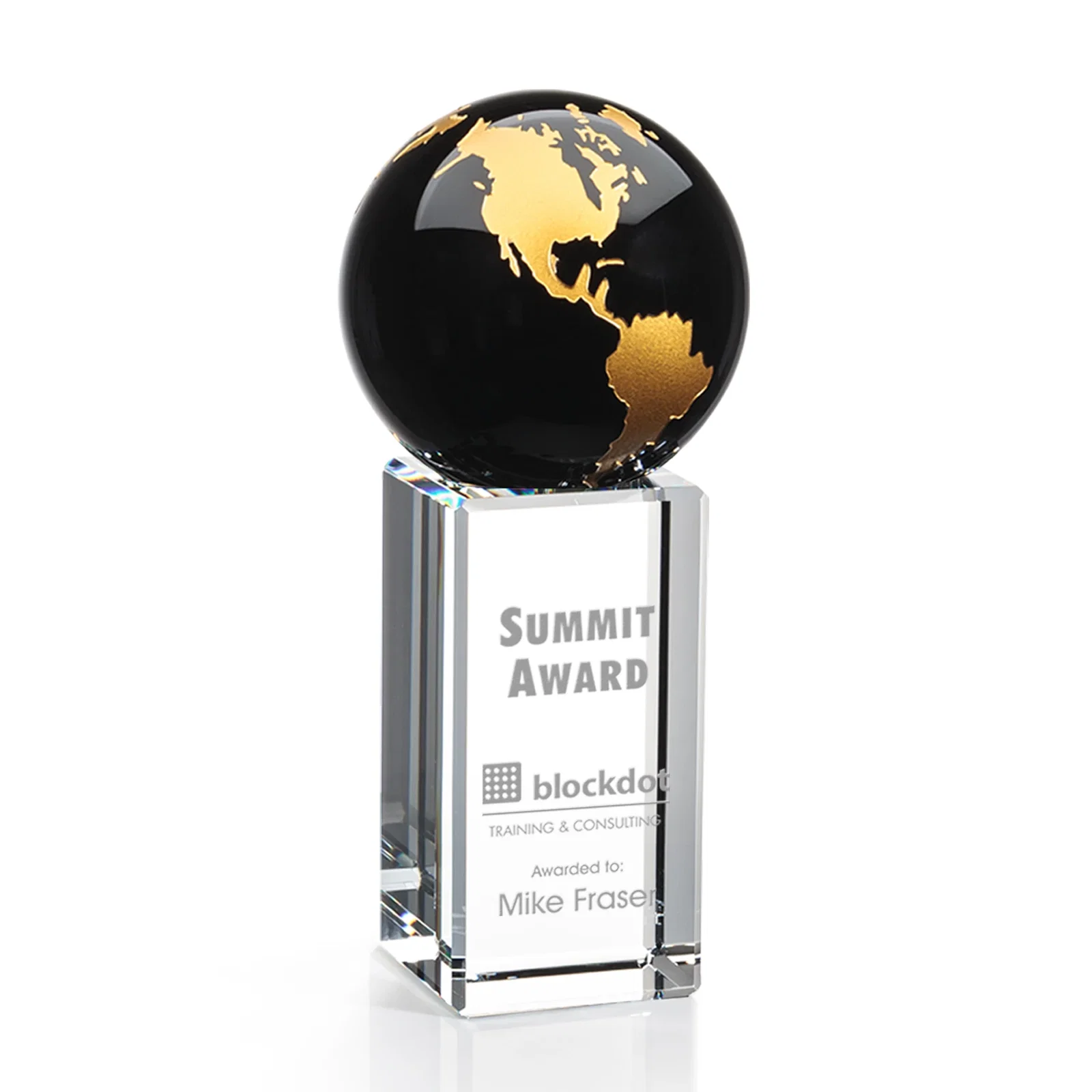 Custom Blue Optical Crystal Globe Award on Crystal Pillar for donor appreciation