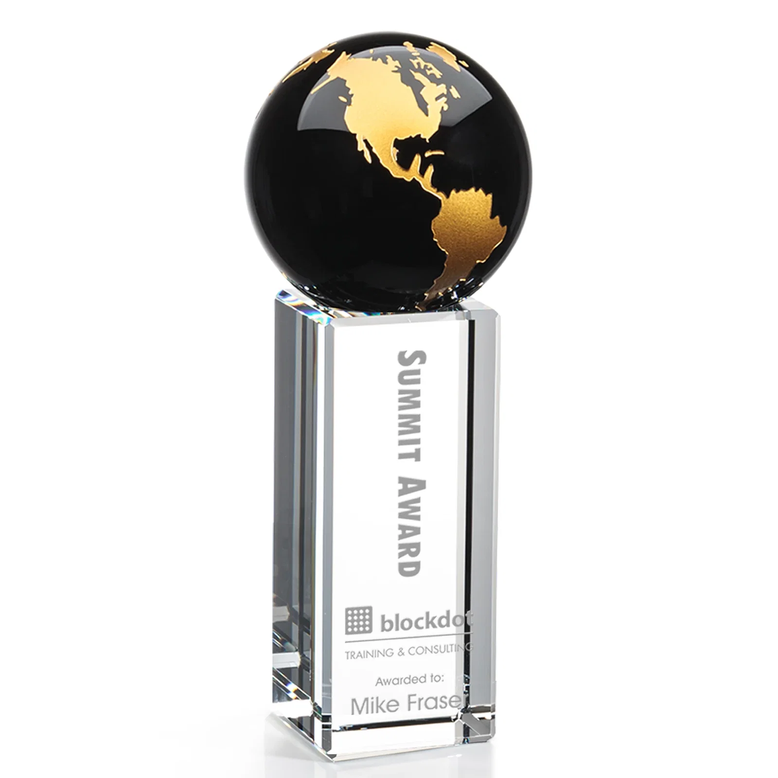 Custom Blue Optical Crystal Globe Award on Crystal Pillar for graduation ceremonies
