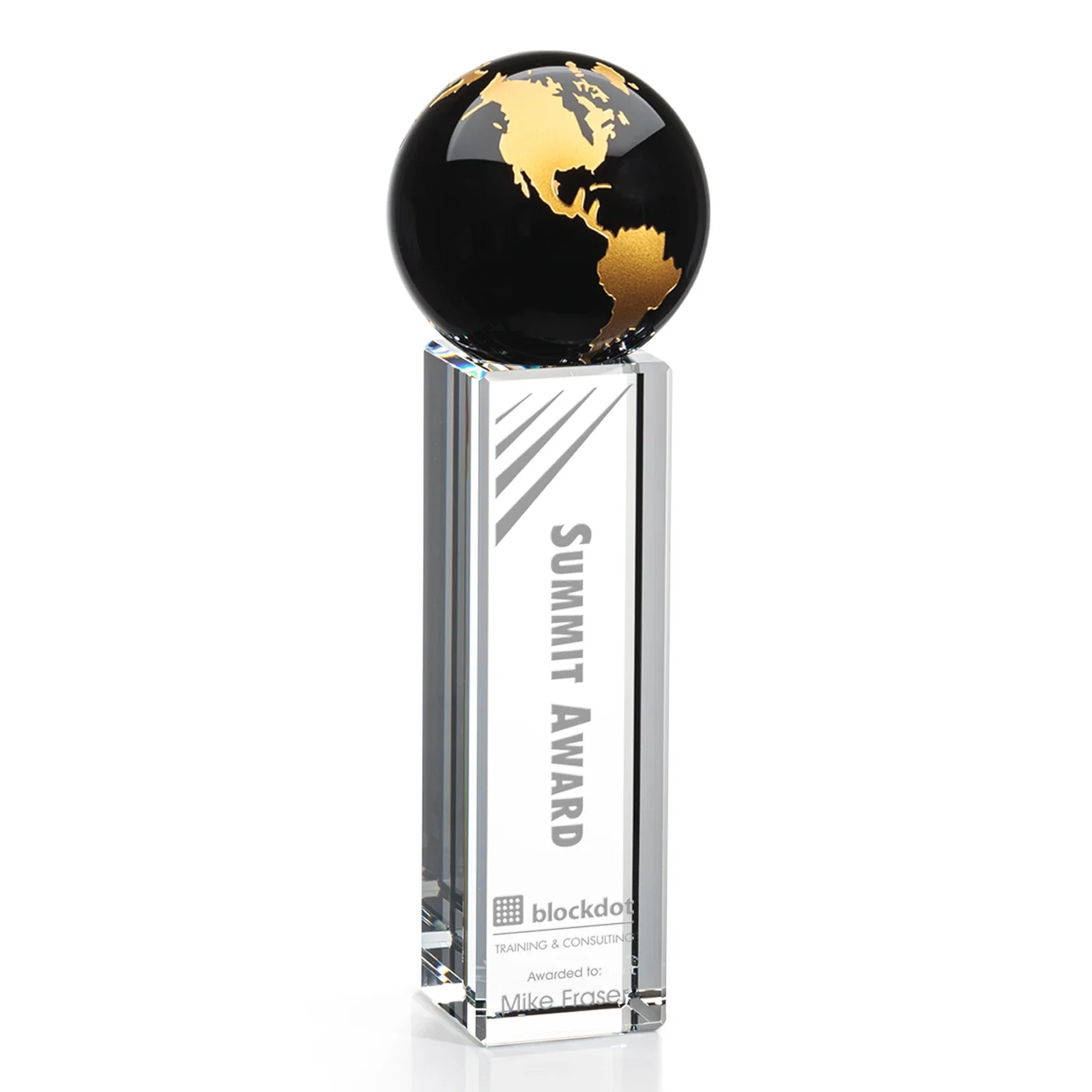 Custom Blue Optical Crystal Globe Award on Crystal Pillar for safety achievement programs