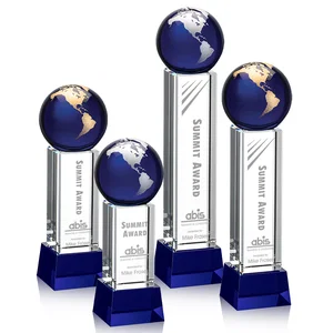 Blue Optical Crystal Globe Award on Pillar with Matching Base