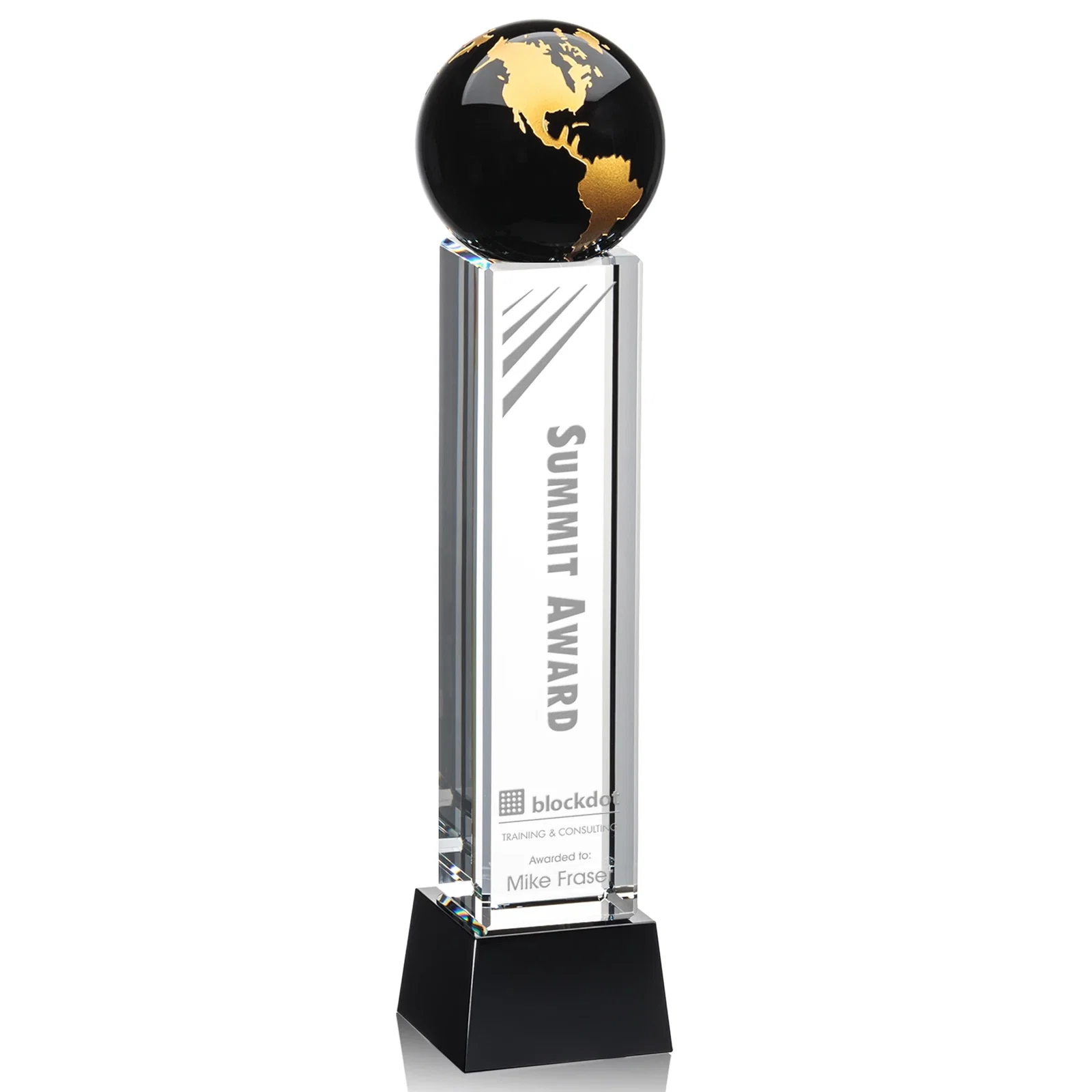 Custom Blue Optical Crystal Globe Award on Pillar with Matching Base for volunteer appreciation
