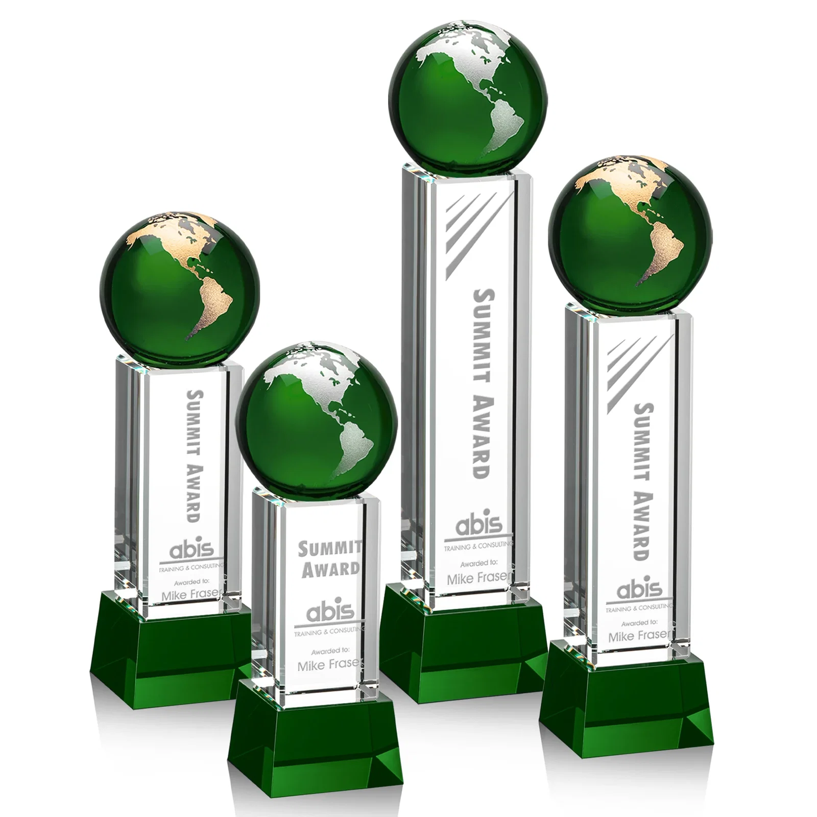 Custom Blue Optical Crystal Globe Award on Pillar with Matching Base for dealer and partner awards