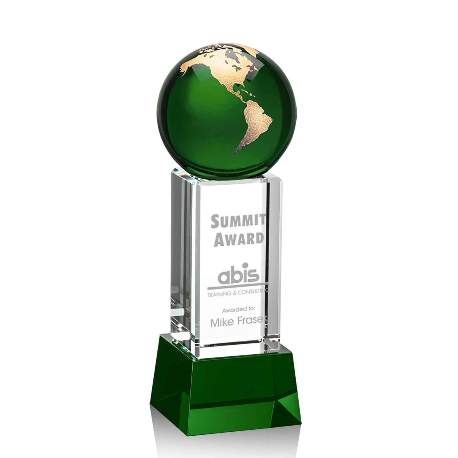 Custom Blue Optical Crystal Globe Award on Pillar with Matching Base for company anniversary events
