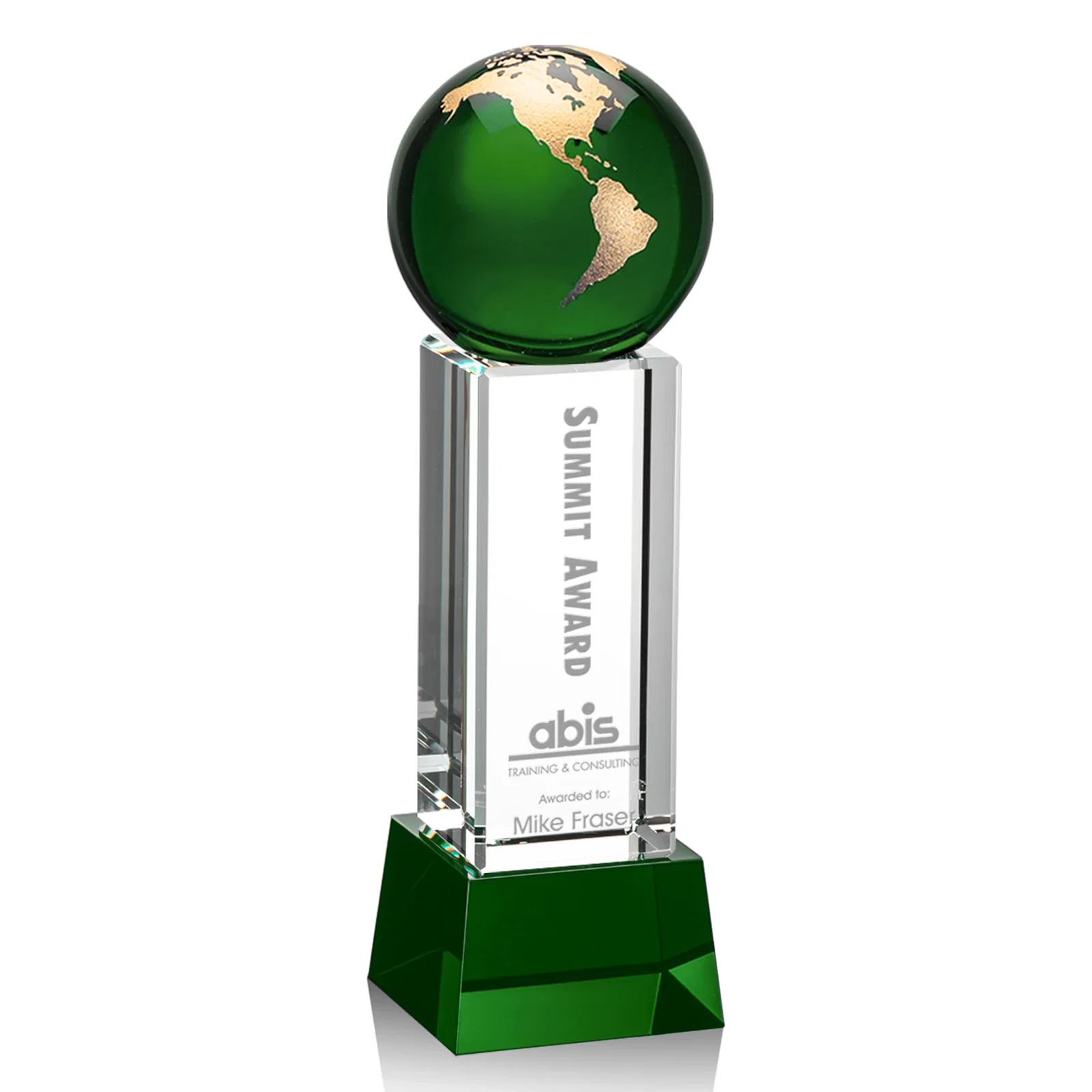 Personalized Blue Optical Crystal Globe Award on Pillar with Matching Base for employee recognition