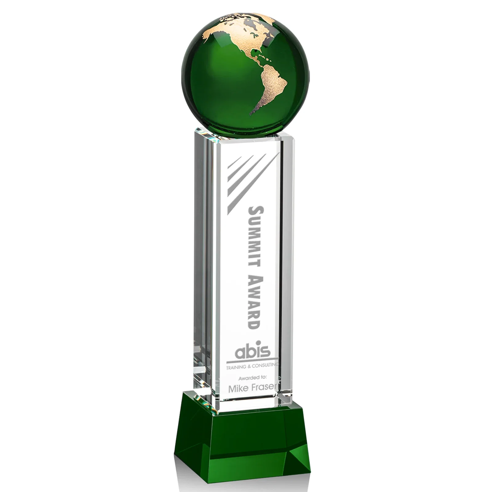 Personalized Blue Optical Crystal Globe Award on Pillar with Matching Base for corporate award ceremonies