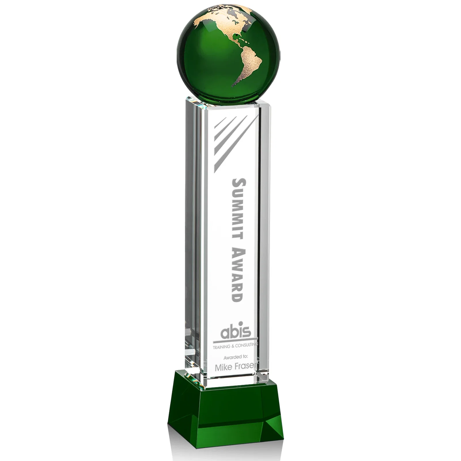 Personalized Blue Optical Crystal Globe Award on Pillar with Matching Base for service anniversary gifts