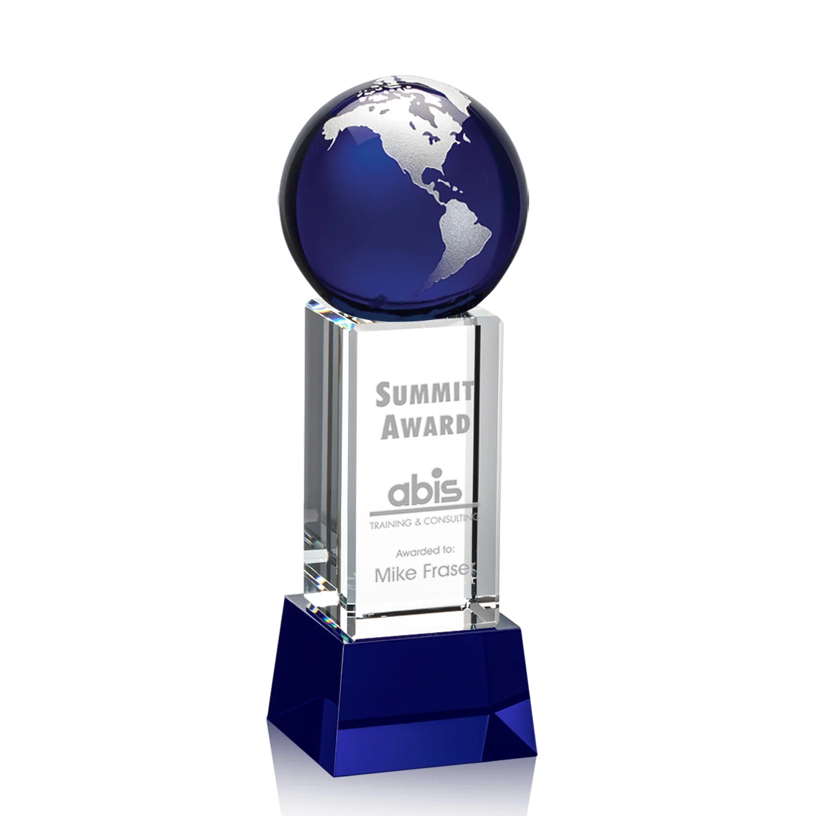 Personalized Blue Optical Crystal Globe Award on Pillar with Matching Base for sales achievement awards