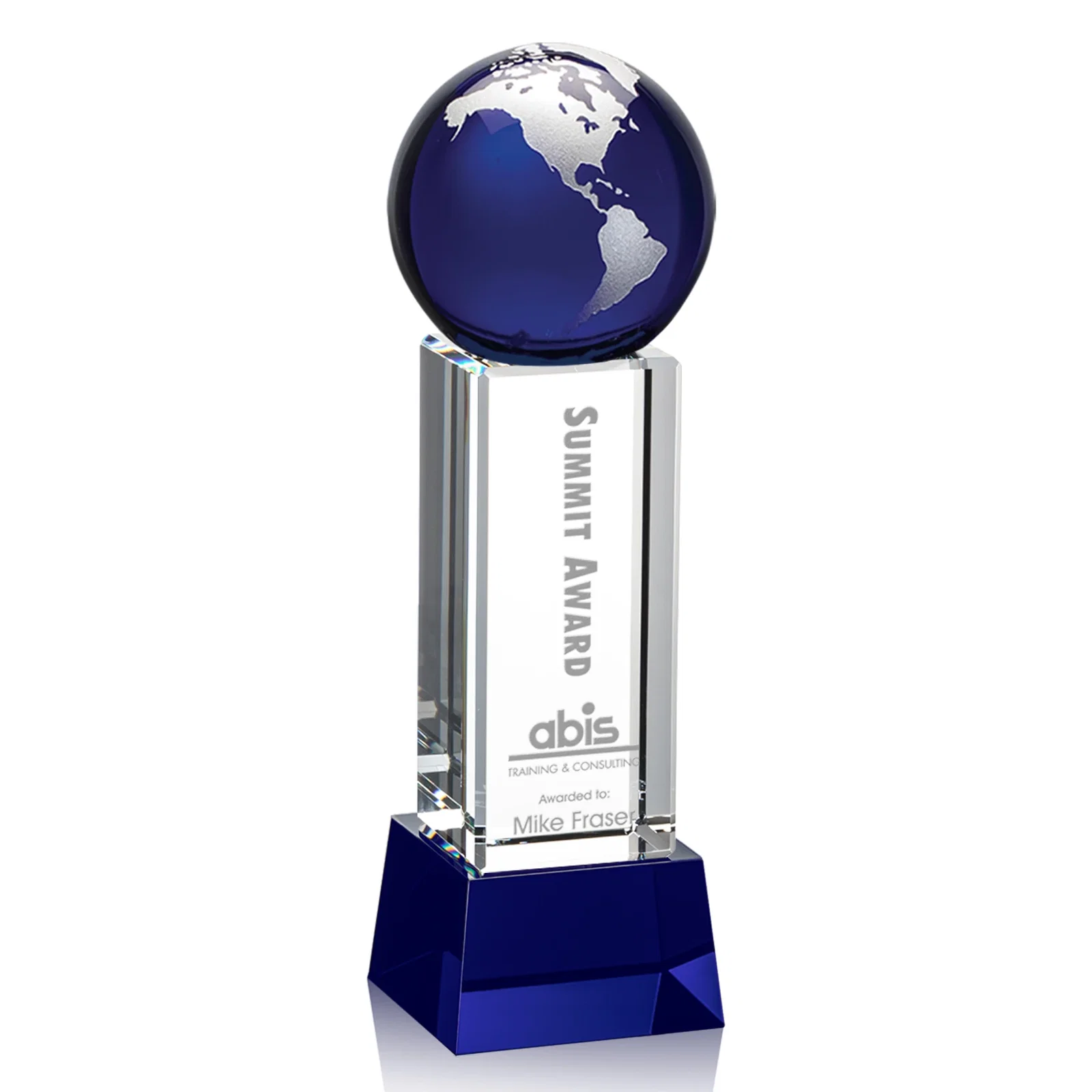 Personalized Blue Optical Crystal Globe Award on Pillar with Matching Base for retirement presentations