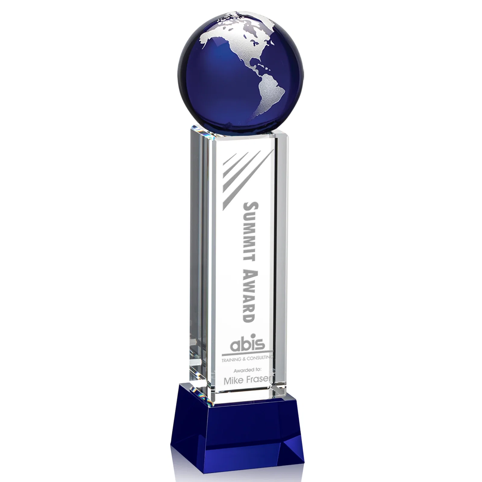 Personalized Blue Optical Crystal Globe Award on Pillar with Matching Base for team milestone celebrations