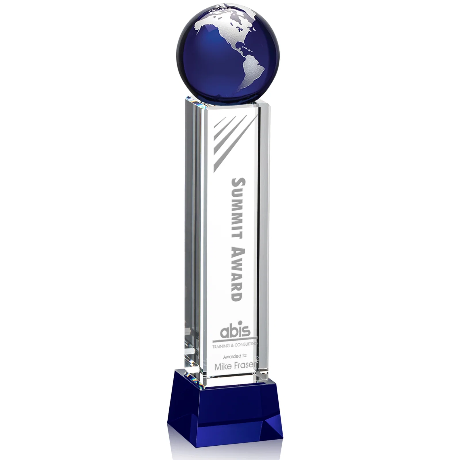 Personalized Blue Optical Crystal Globe Award on Pillar with Matching Base for donor appreciation