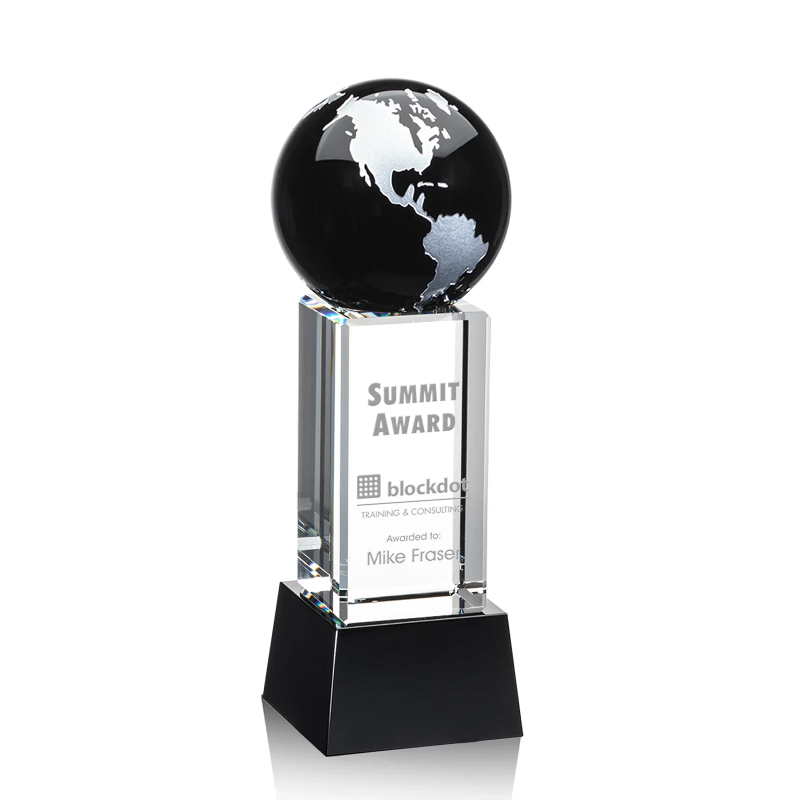 Personalized Blue Optical Crystal Globe Award on Pillar with Matching Base for graduation ceremonies