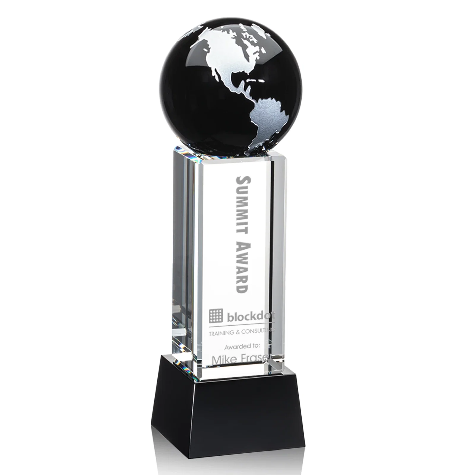 Personalized Blue Optical Crystal Globe Award on Pillar with Matching Base for safety achievement programs