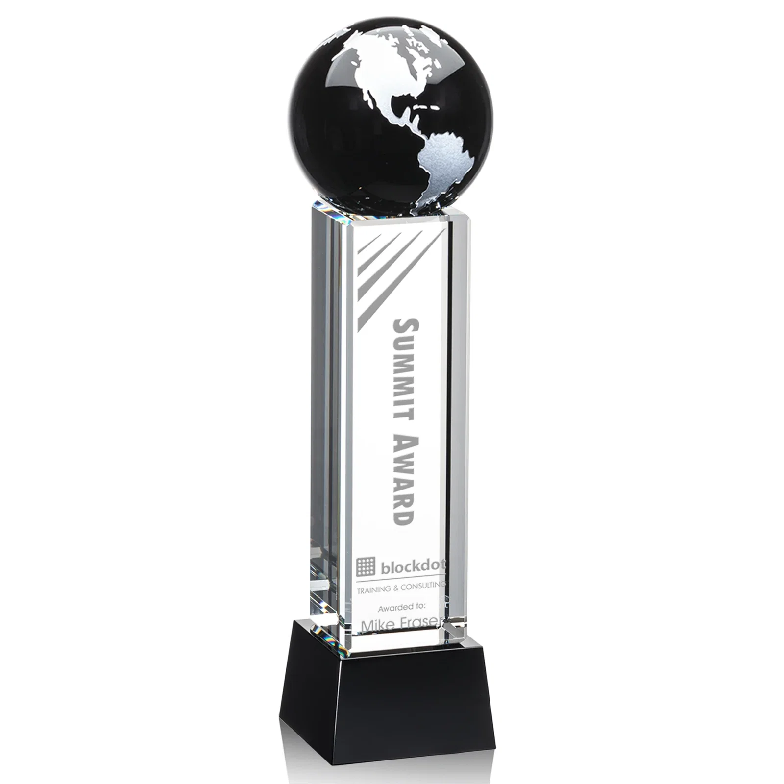 Personalized Blue Optical Crystal Globe Award on Pillar with Matching Base for volunteer appreciation