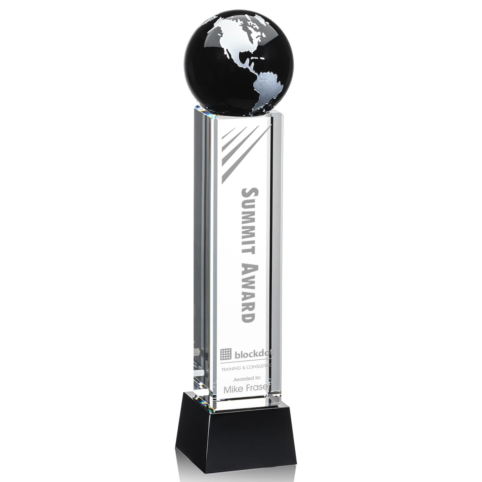 Personalized Blue Optical Crystal Globe Award on Pillar with Matching Base for dealer and partner awards