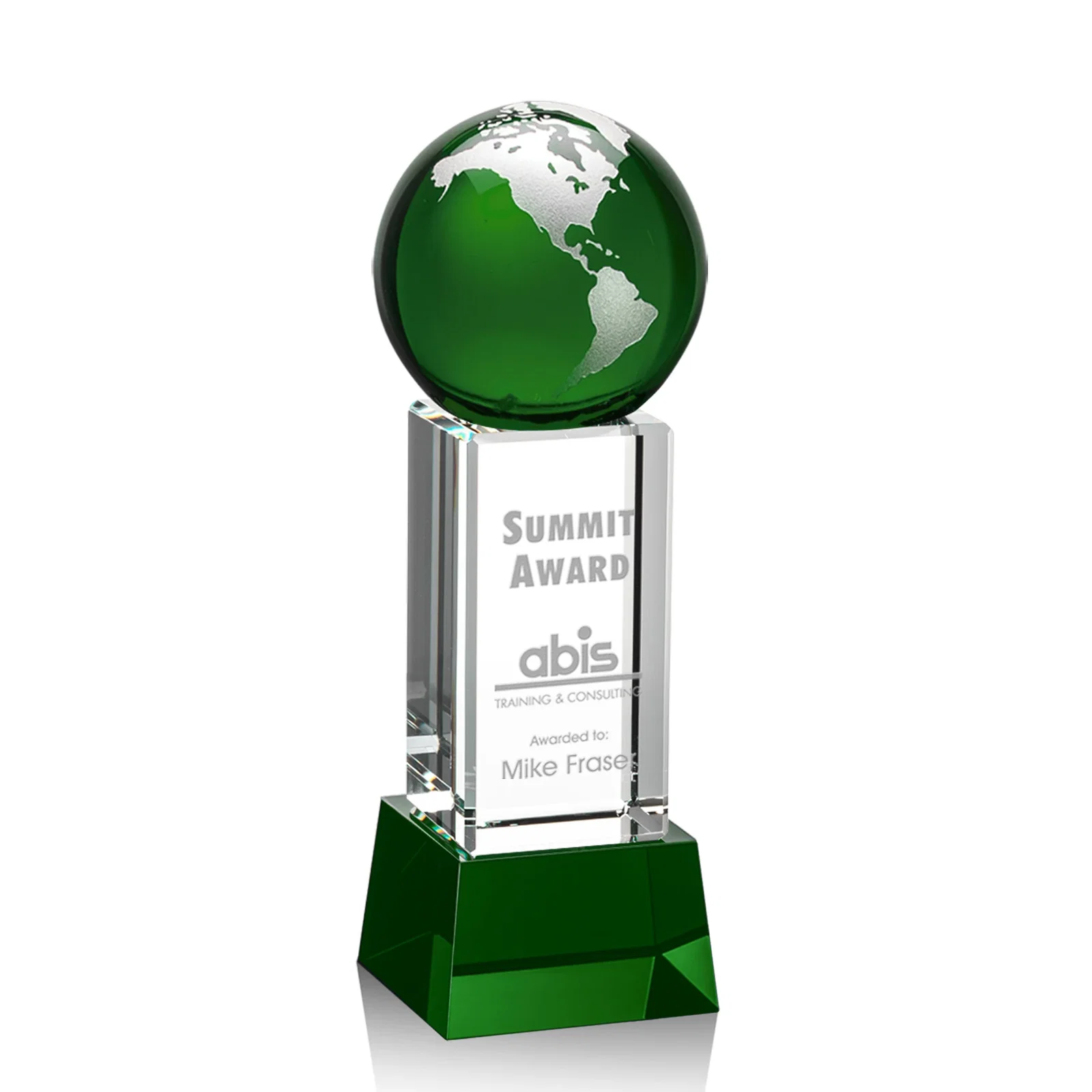 Personalized Blue Optical Crystal Globe Award on Pillar with Matching Base for company anniversary events