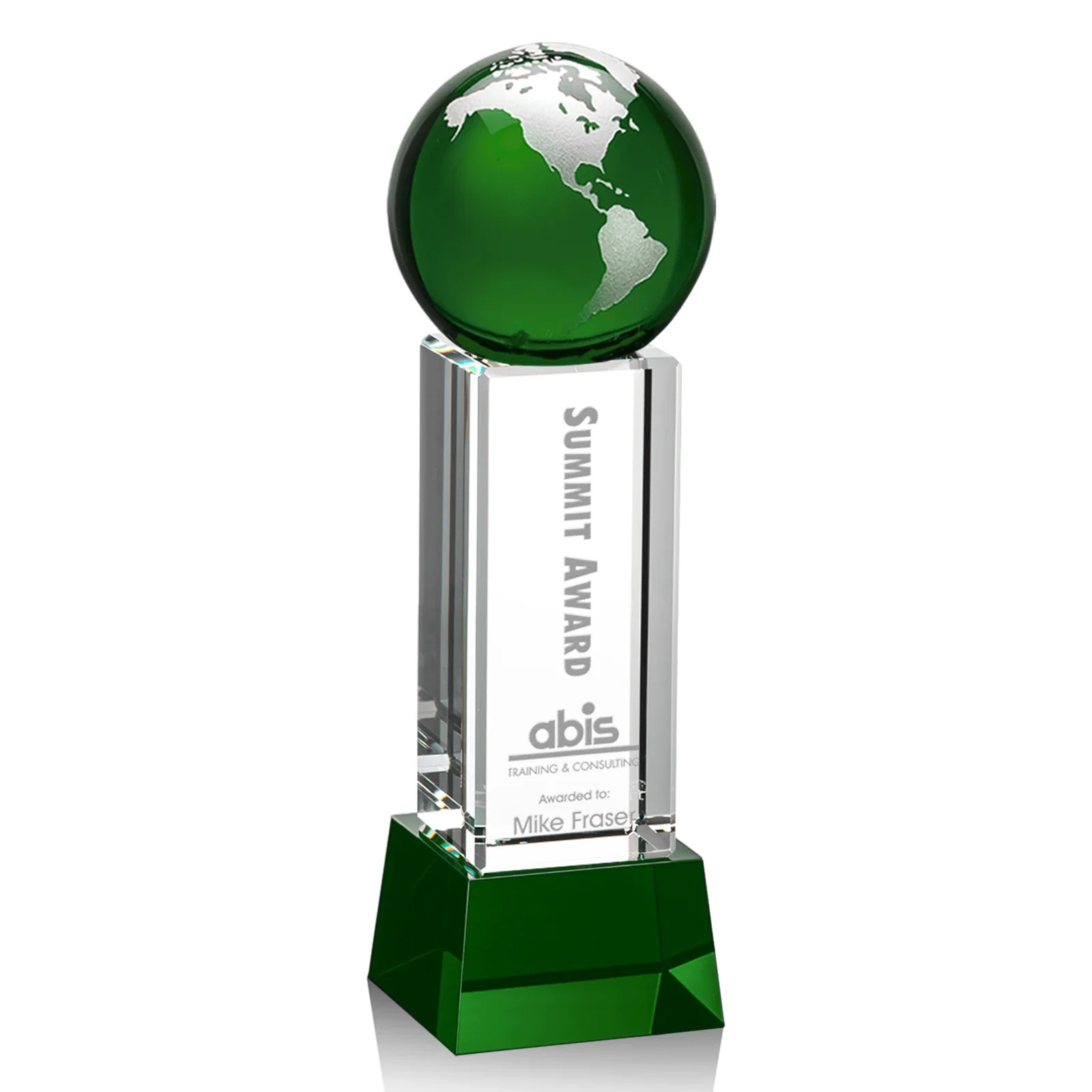Promotional Blue Optical Crystal Globe Award on Pillar with Matching Base for employee recognition