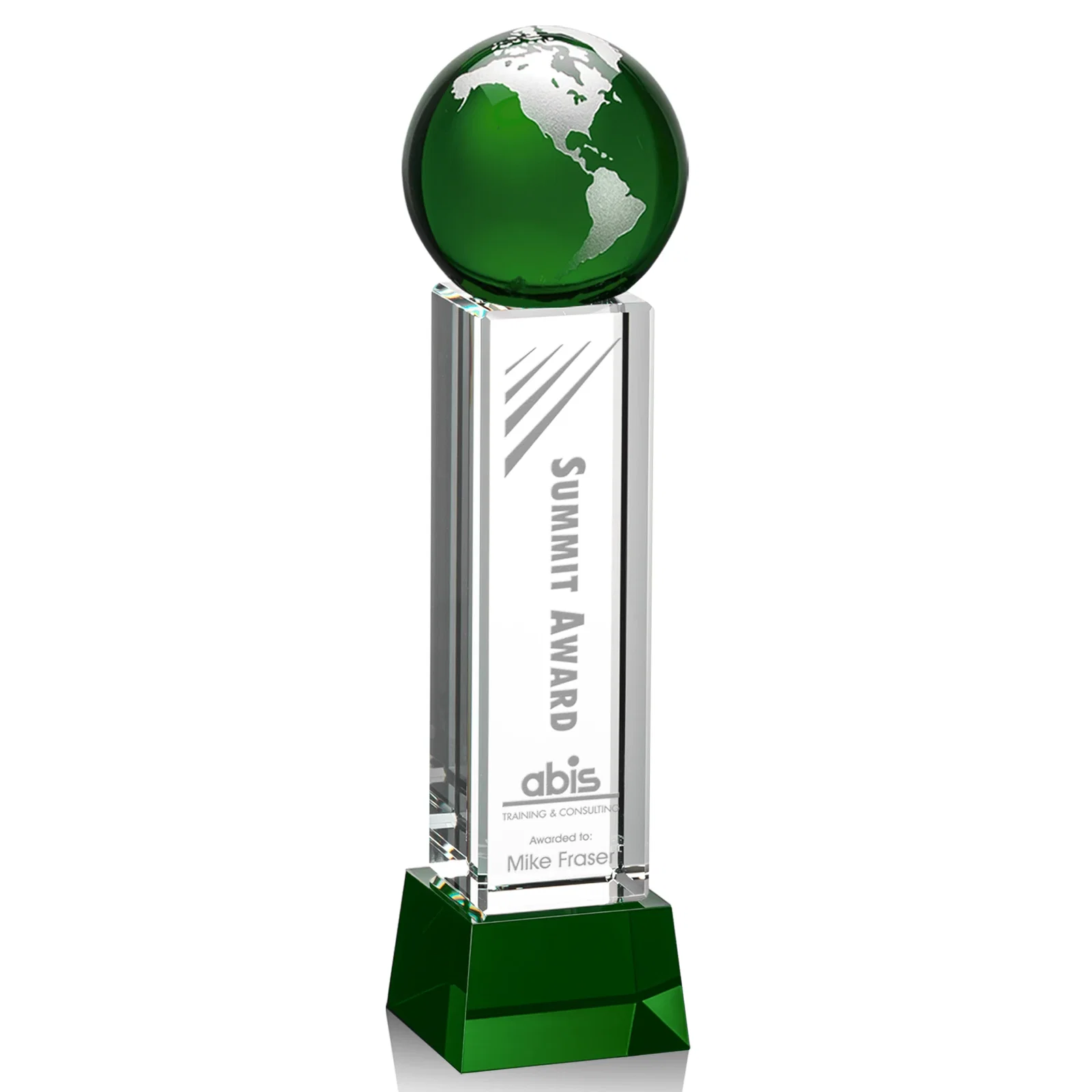 Promotional Blue Optical Crystal Globe Award on Pillar with Matching Base for corporate award ceremonies