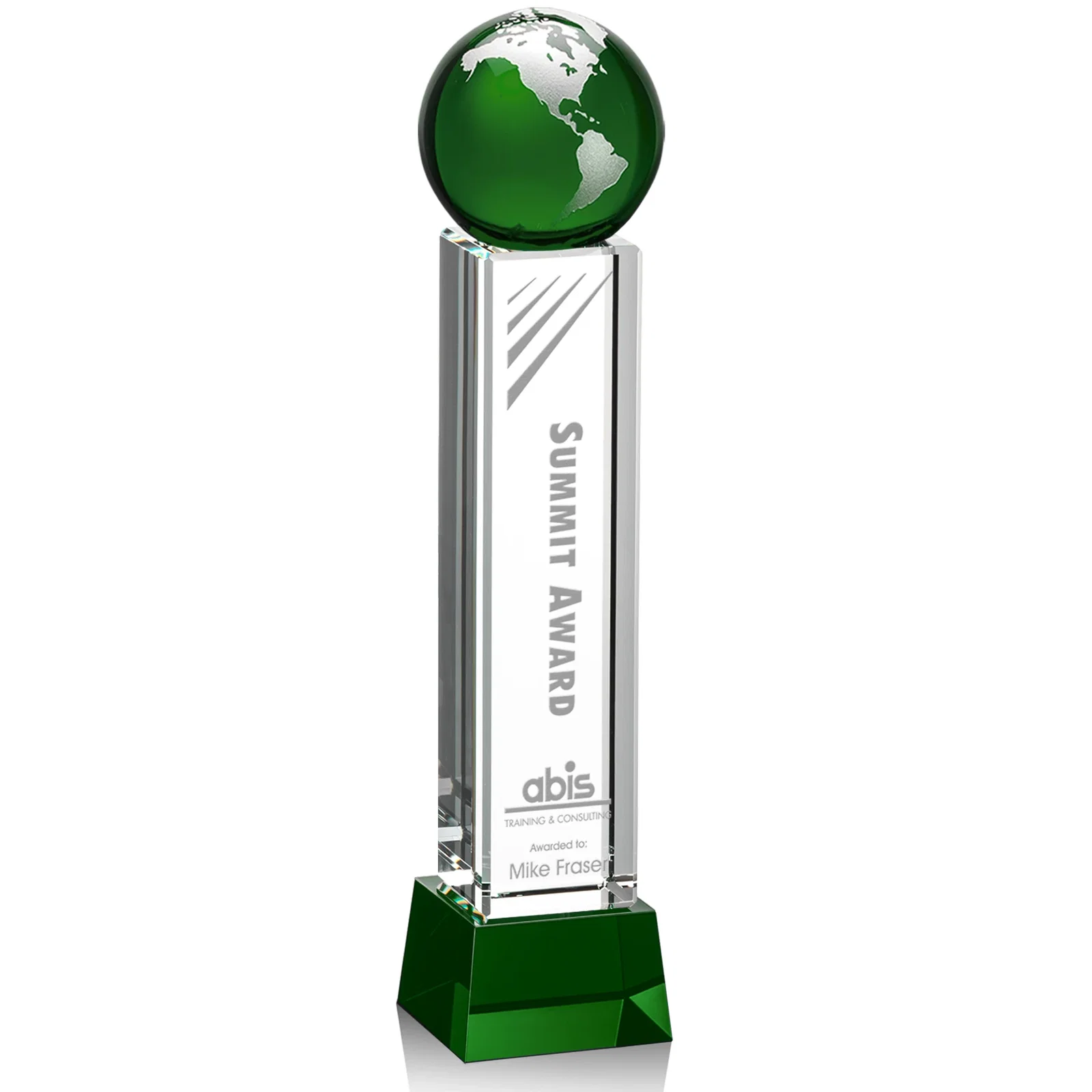 Promotional Blue Optical Crystal Globe Award on Pillar with Matching Base for service anniversary gifts