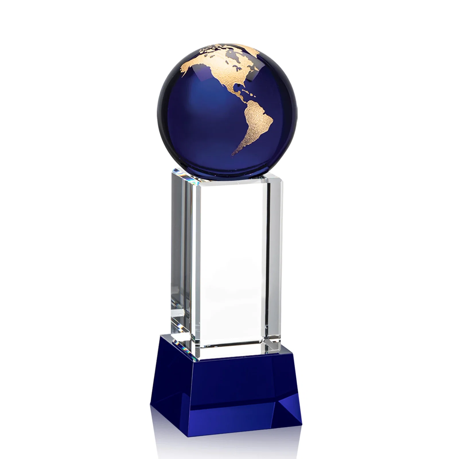 Promotional Blue Optical Crystal Globe Award on Pillar with Matching Base for sales achievement awards