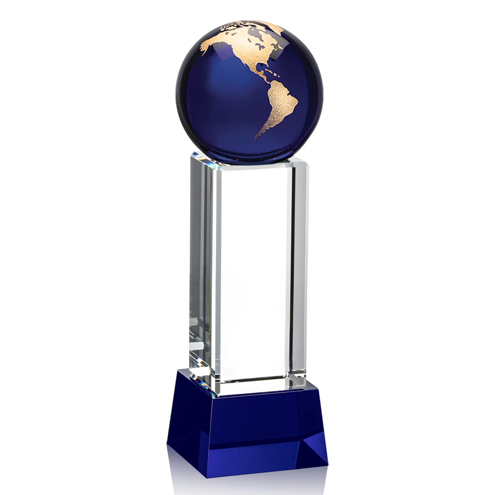 Promotional Blue Optical Crystal Globe Award on Pillar with Matching Base for retirement presentations